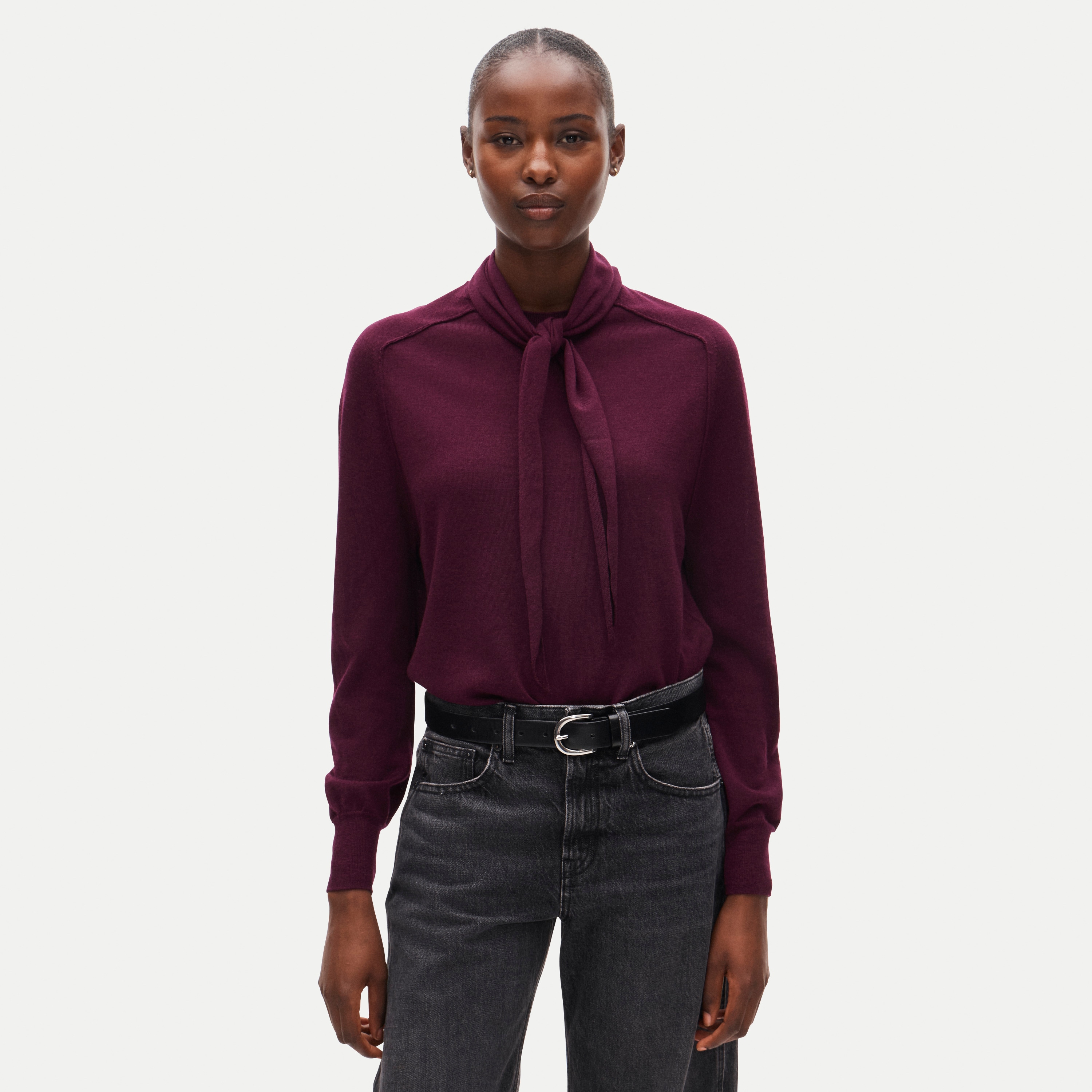 Blouson-sleeve scarf sweater in merino wool blend