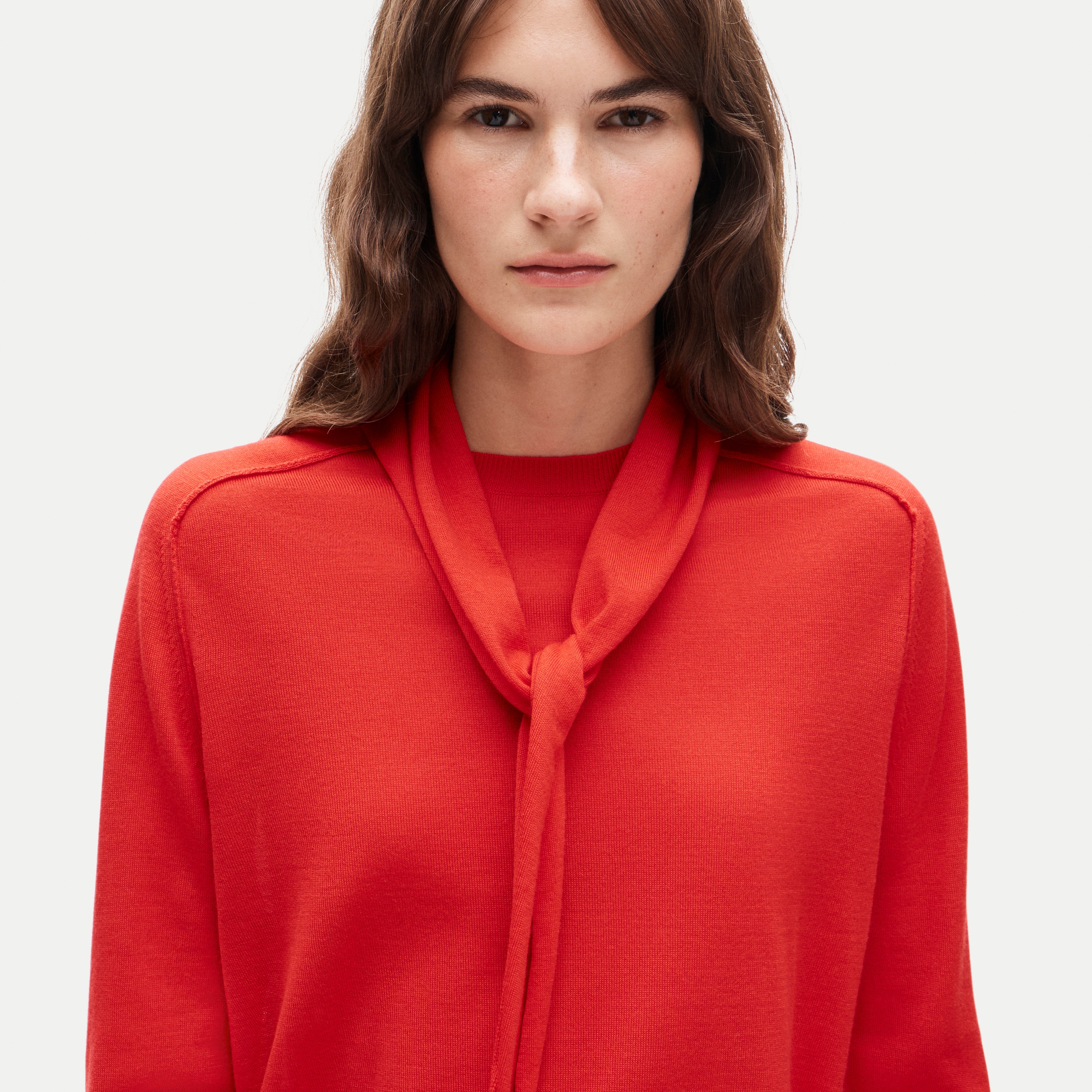 Blouson-sleeve scarf sweater in merino wool blend