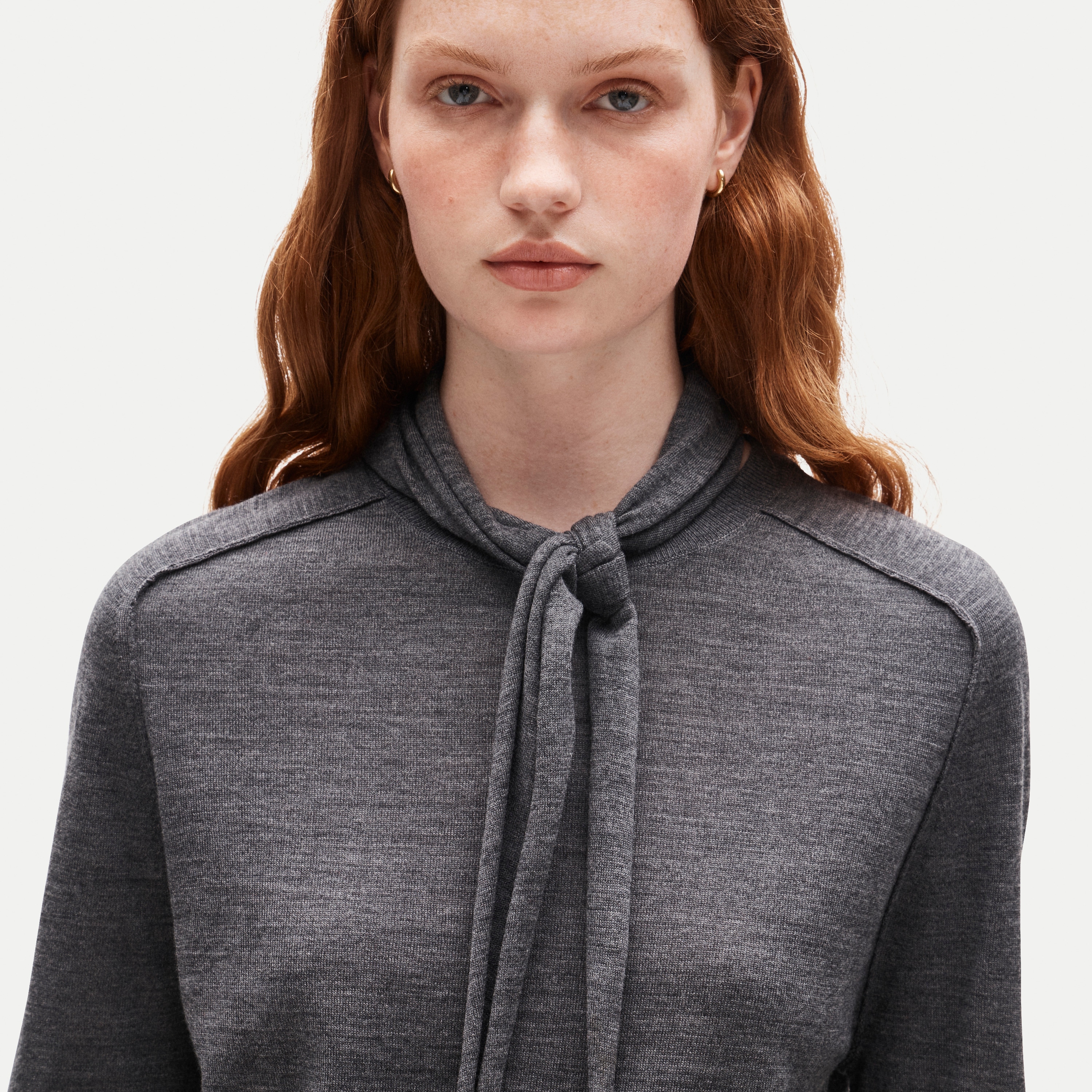 Blouson-sleeve scarf sweater in merino wool blend