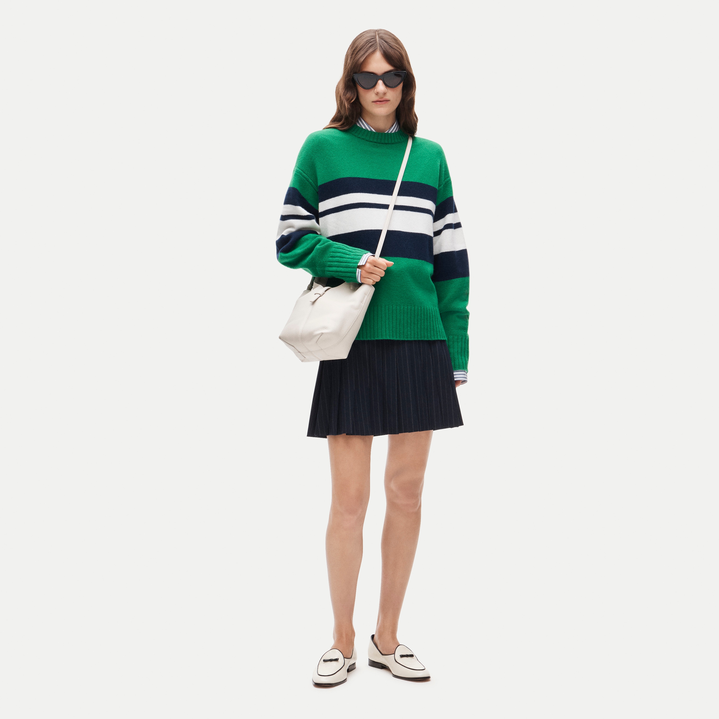 Oversized cashmere crewneck sweater in placed stripe - thumbnail 2