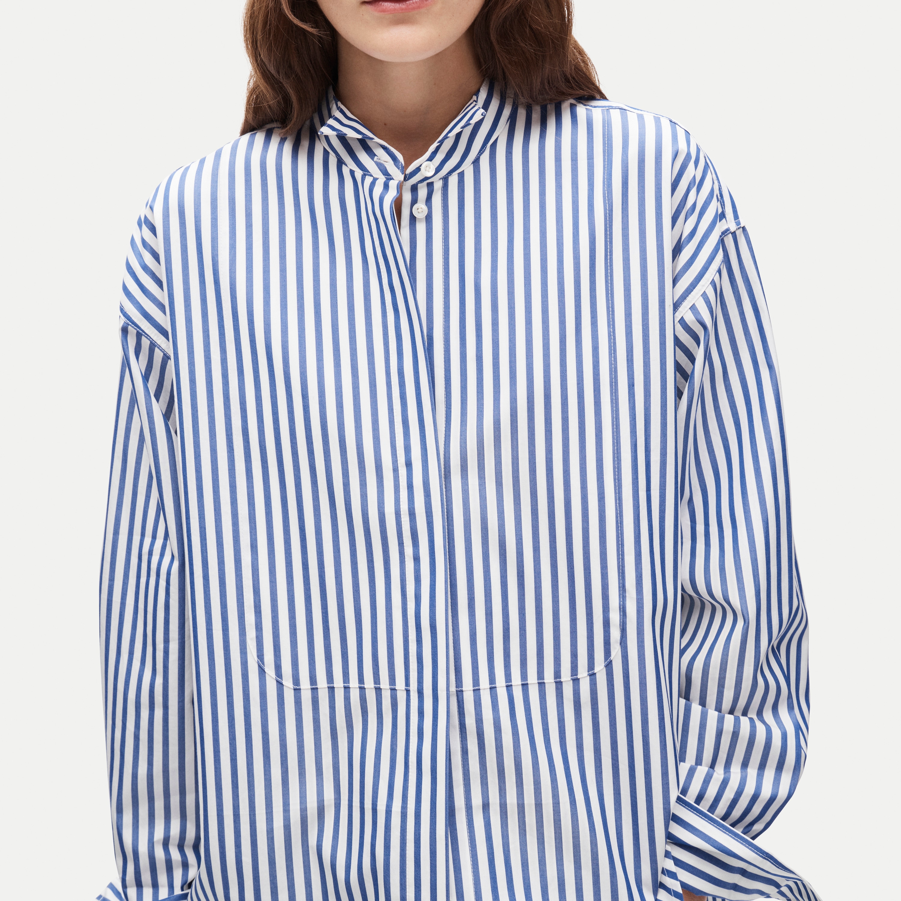 Tuxedo-bib button-up in striped Thomas Mason® cotton poplin