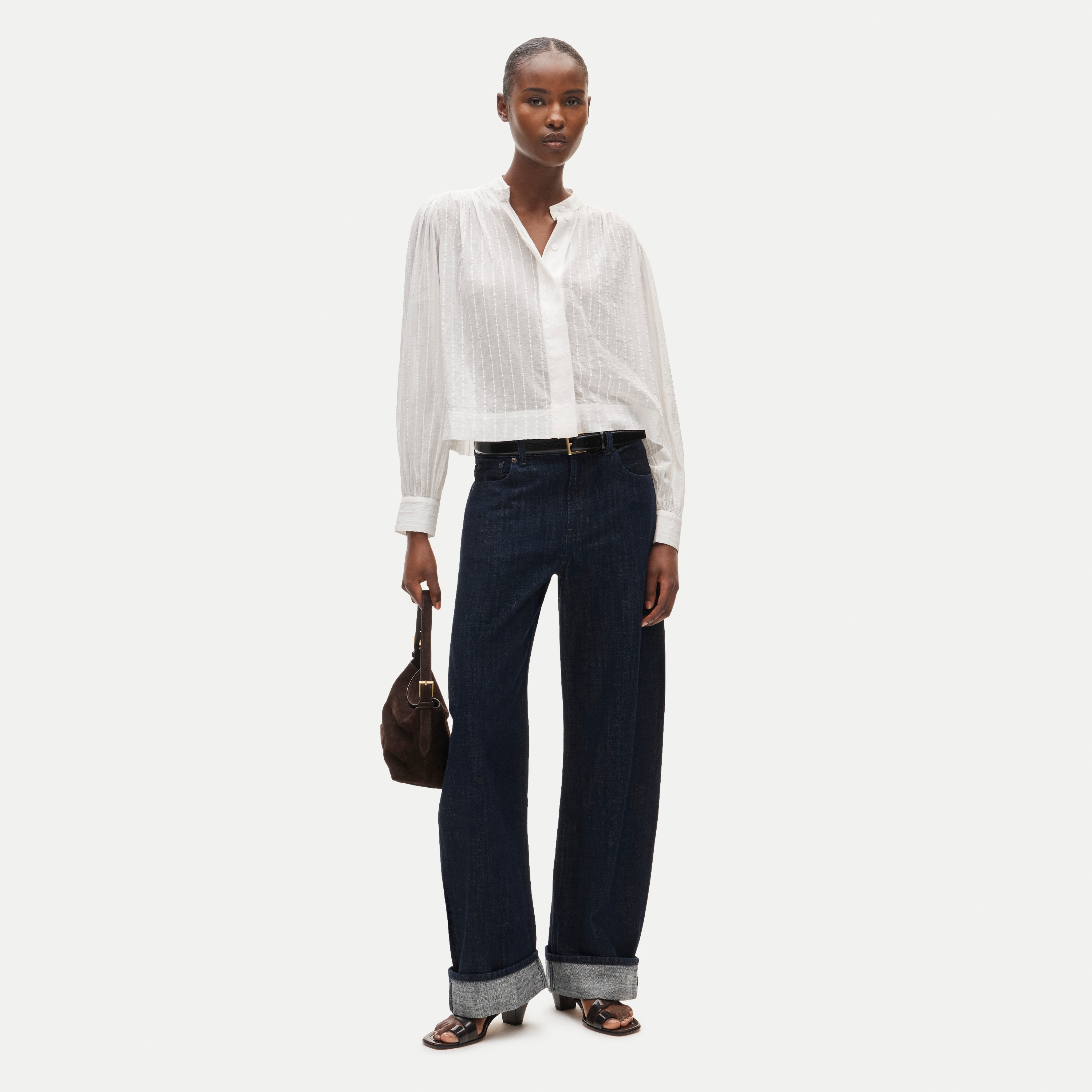 Button-front blouse in striped textured cotton