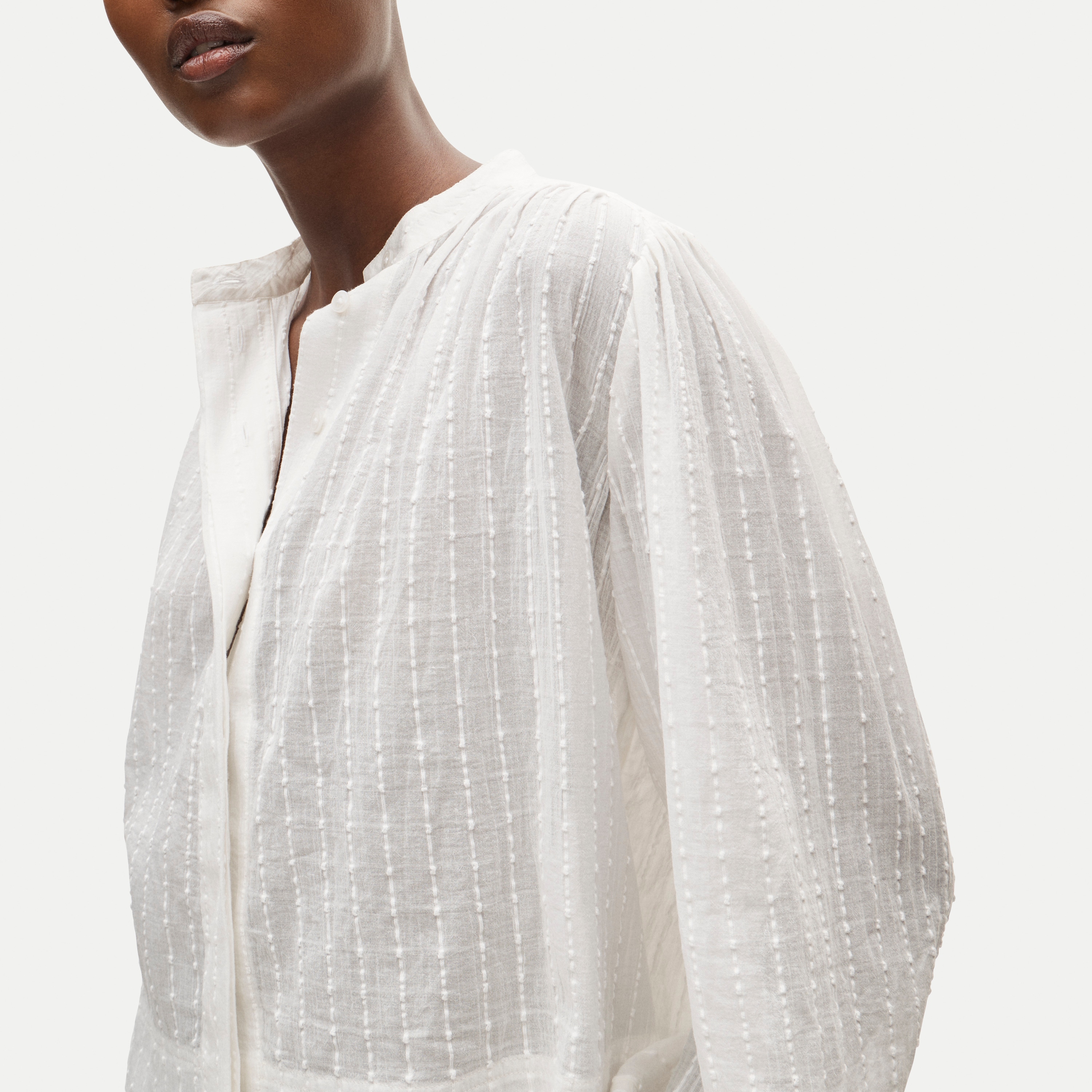 Button-front blouse in striped textured cotton