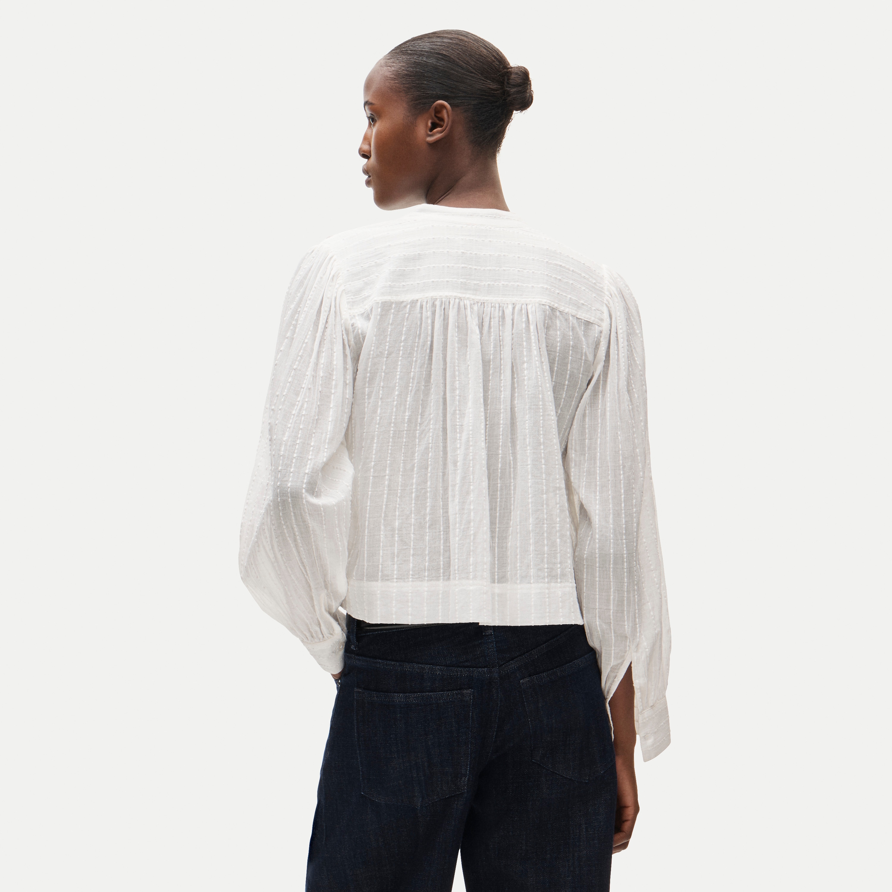 Button-front blouse in striped textured cotton