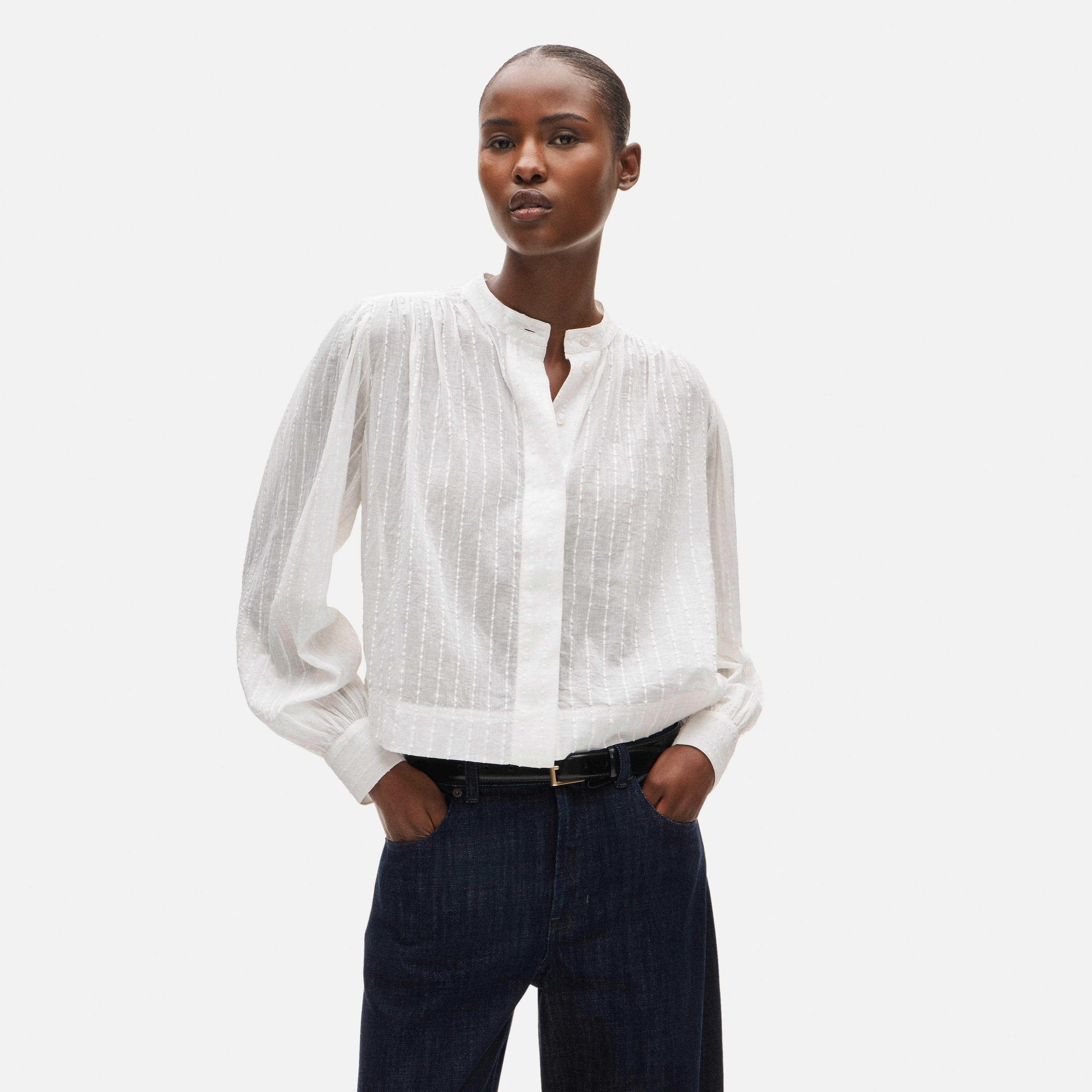 Button-front blouse in striped textured cotton