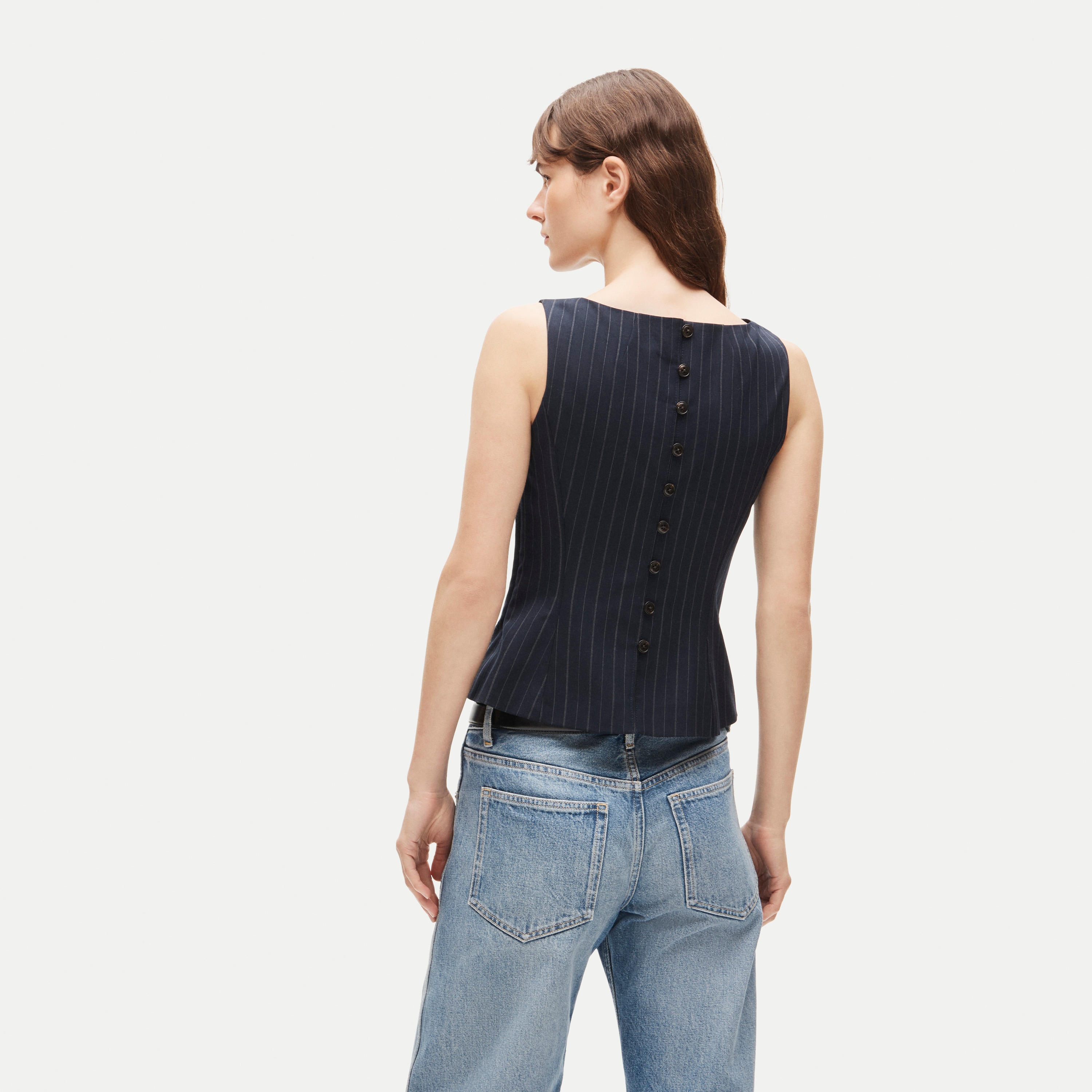 Shell top in striped lightspun wool blend