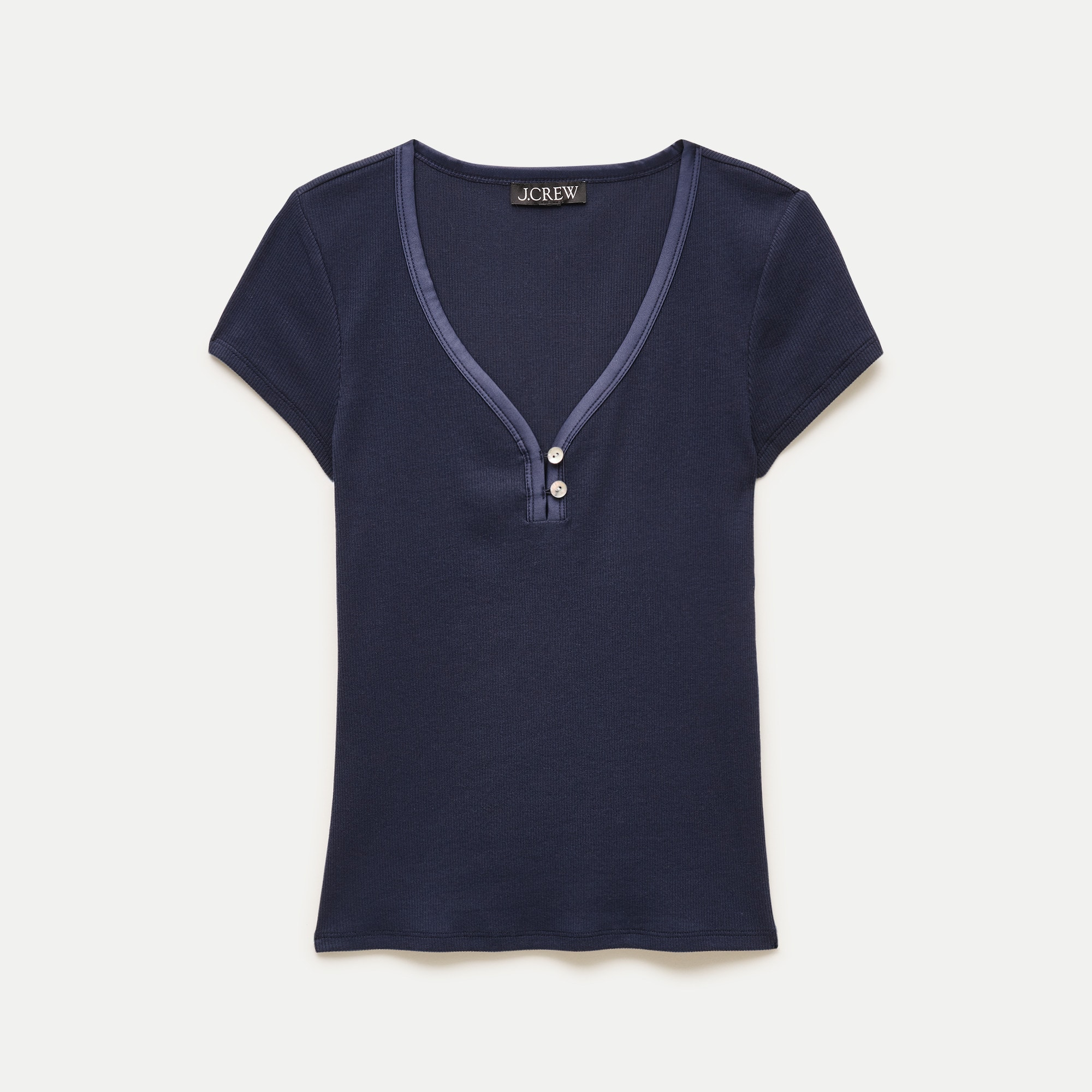 Front view of Navy Perfect rib V-neck henley with satin trim™ with cap sleeves and two buttons at the neckline.
