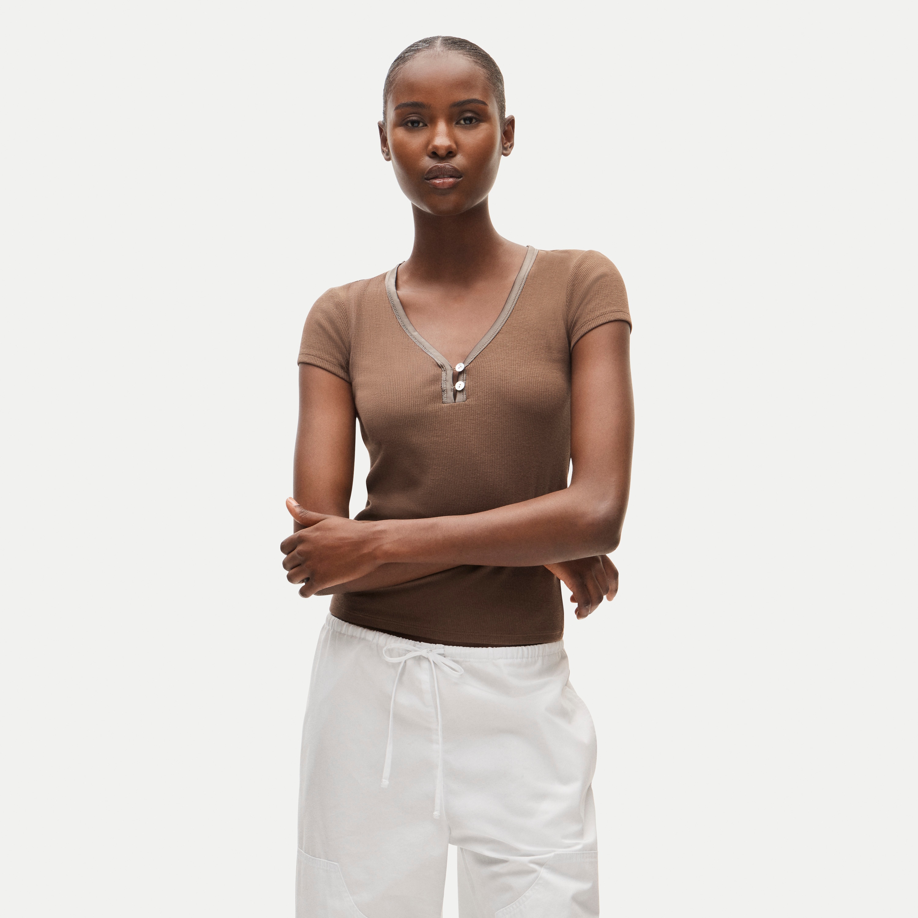 Perfect rib V-neck henley with satin trim