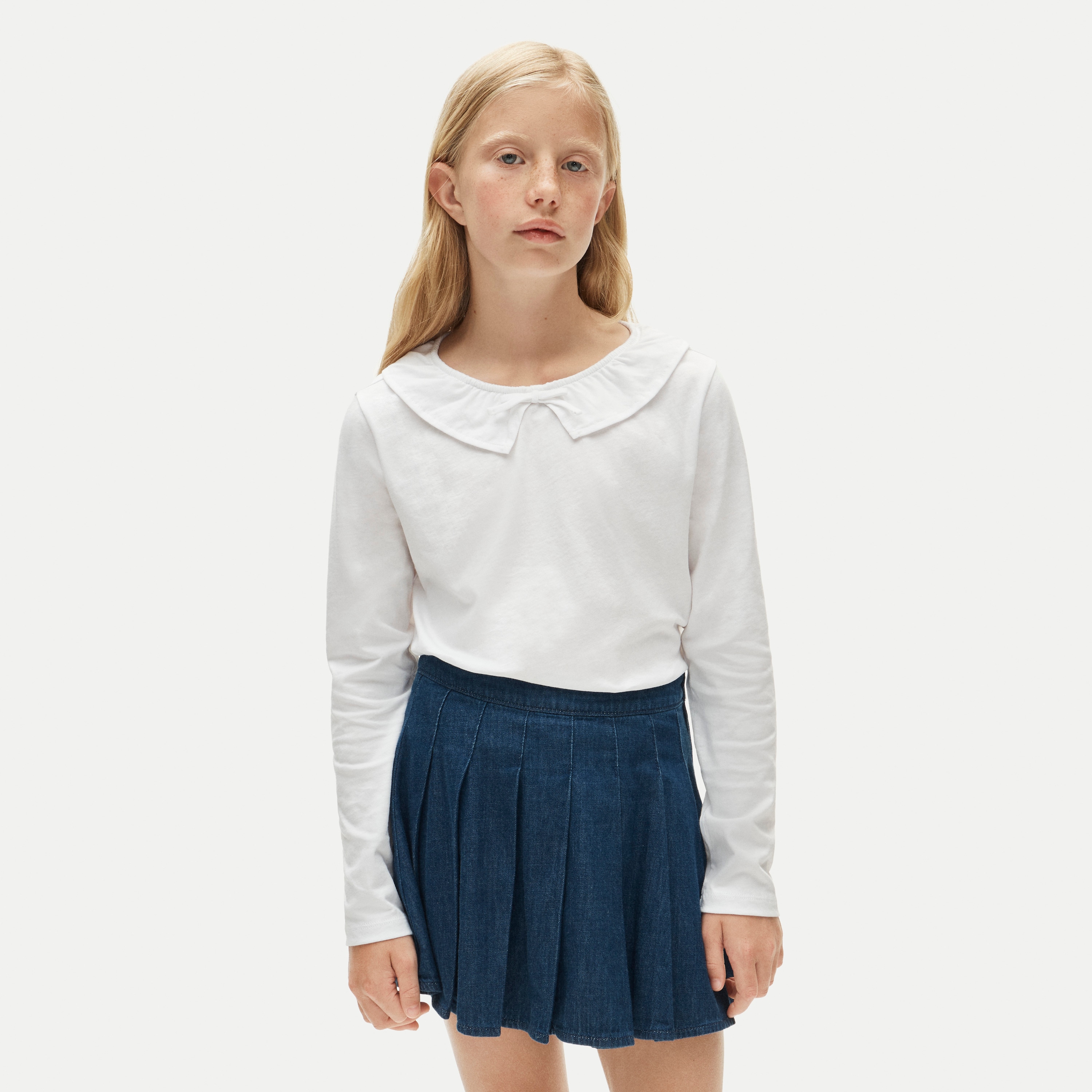 Girls' collared T-shirt in striped broken-in jersey