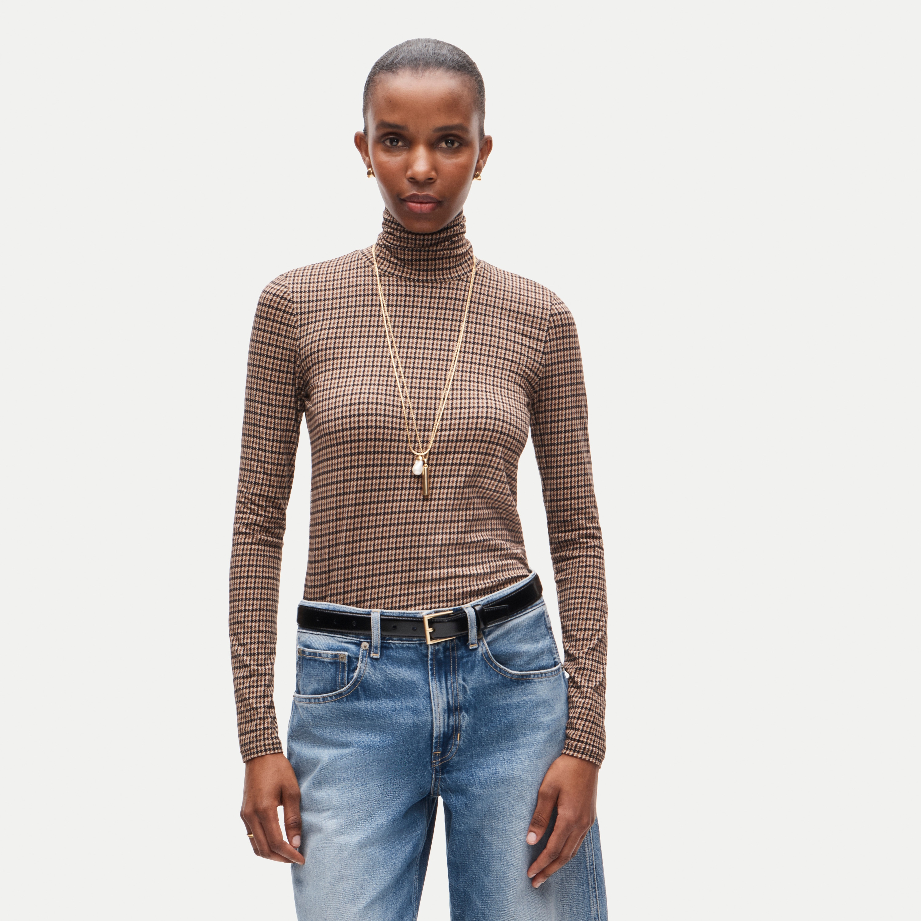 Feather jersey turtleneck in plaid