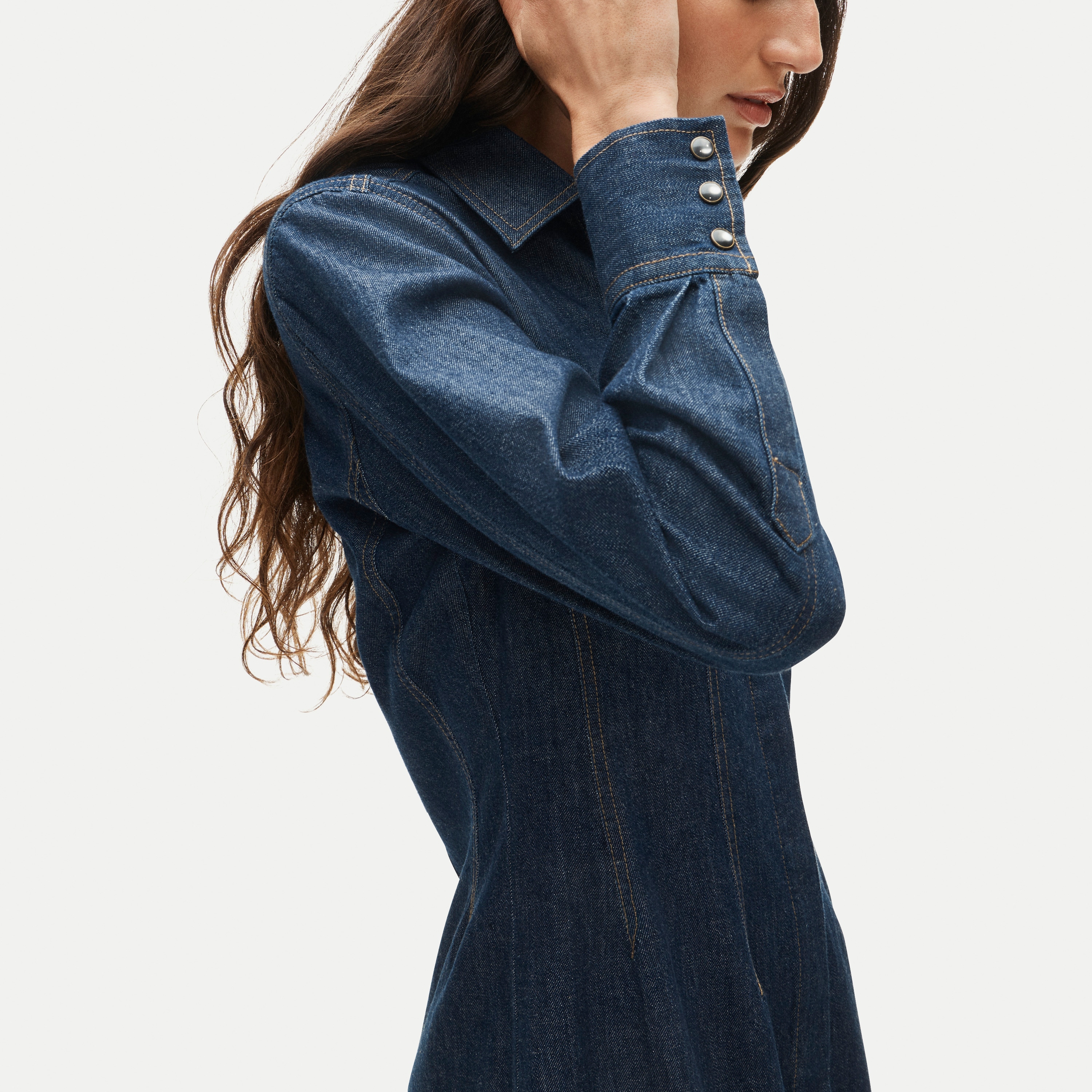 Long-sleeve mini shirt-dress in denim