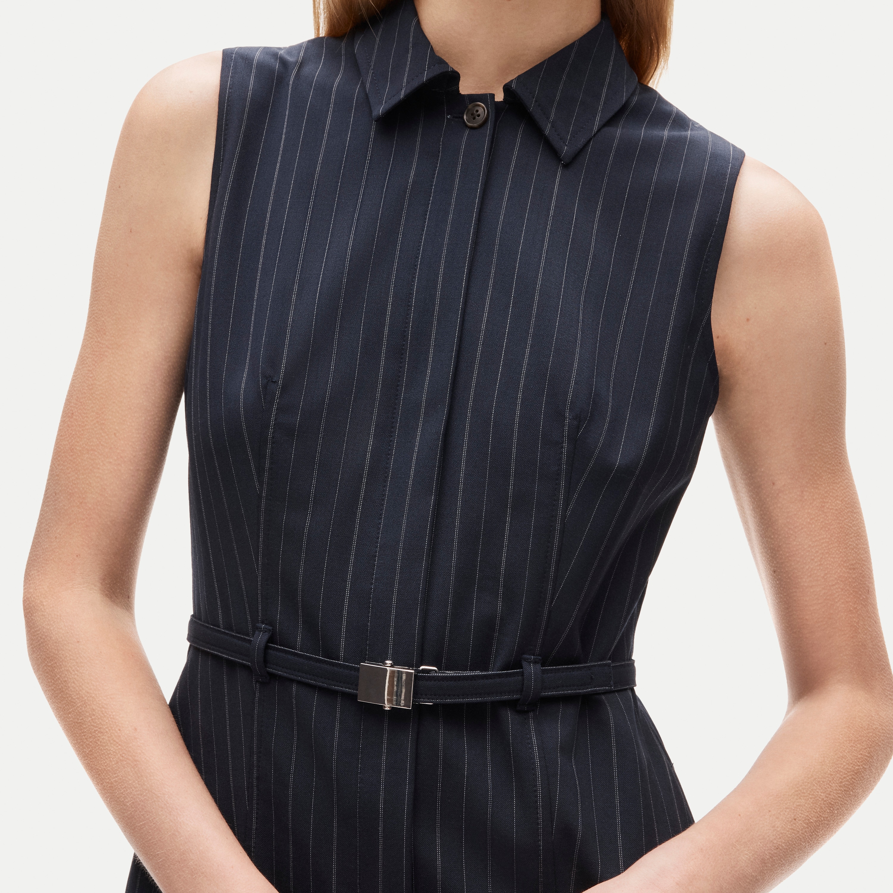 Mini dress in pinstriped lightspun wool blend