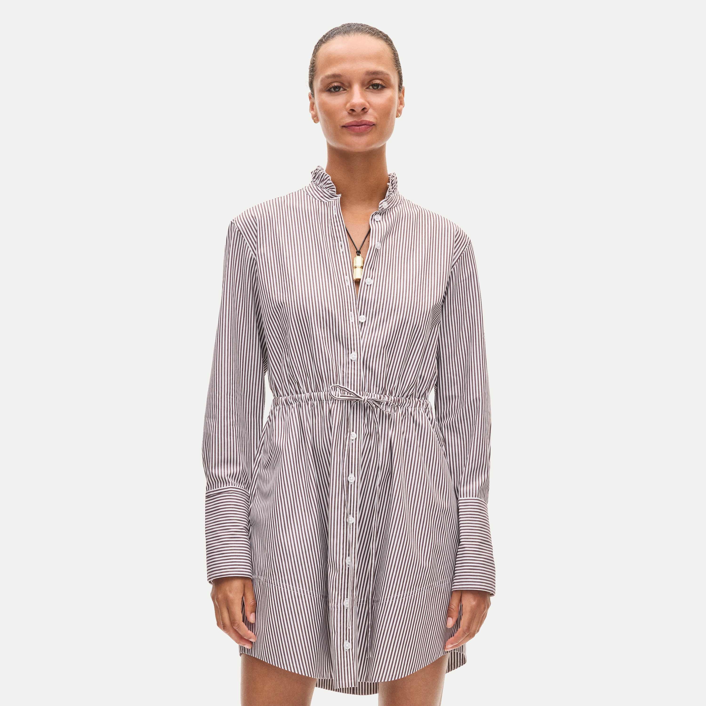 Ruffle-collar mini shirt-dress in striped Greenwich poplin