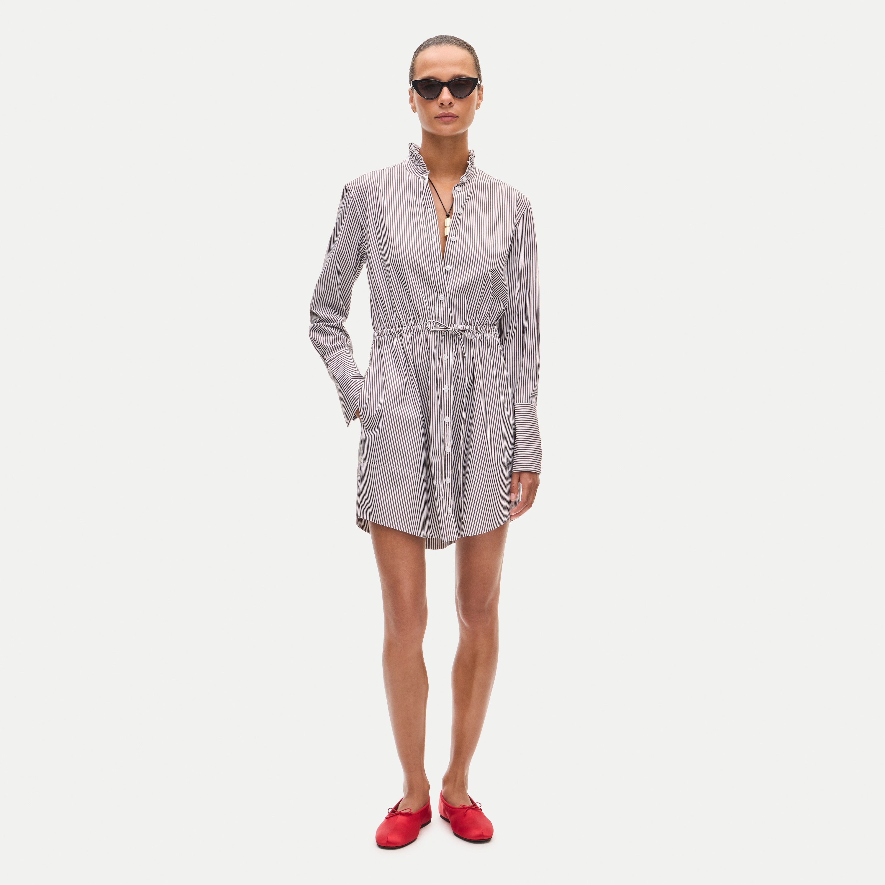 Ruffle-collar mini shirt-dress in striped Greenwich poplin