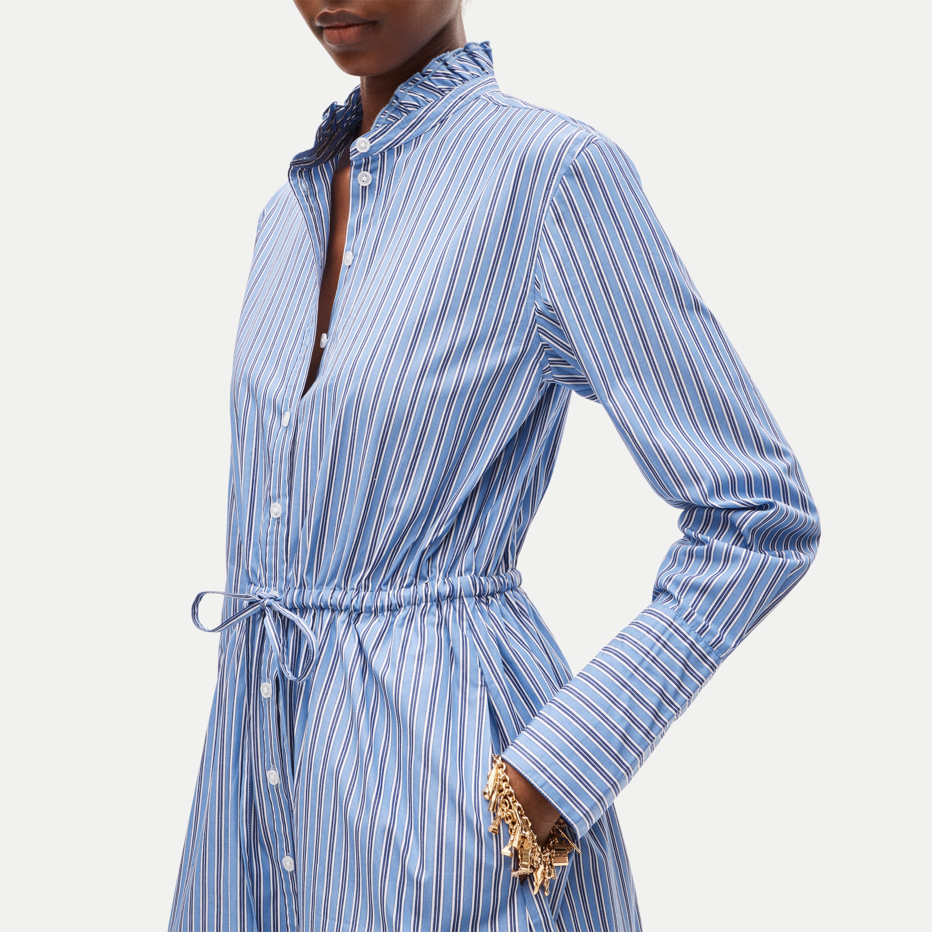 Ruffle-collar Mini Shirt-dress In Striped Greenwich Poplin For