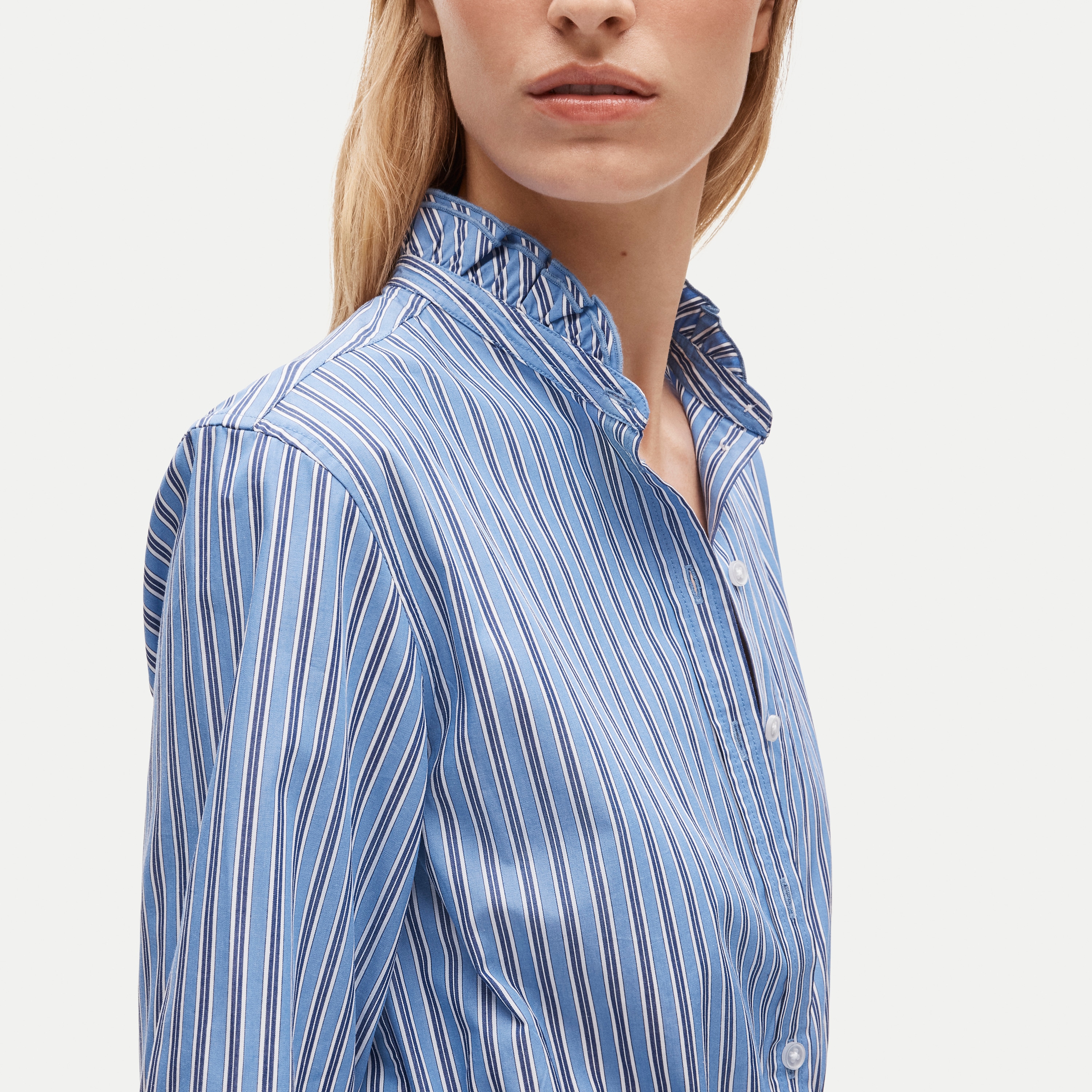 Ruffle-collar mini shirt-dress in striped Greenwich poplin