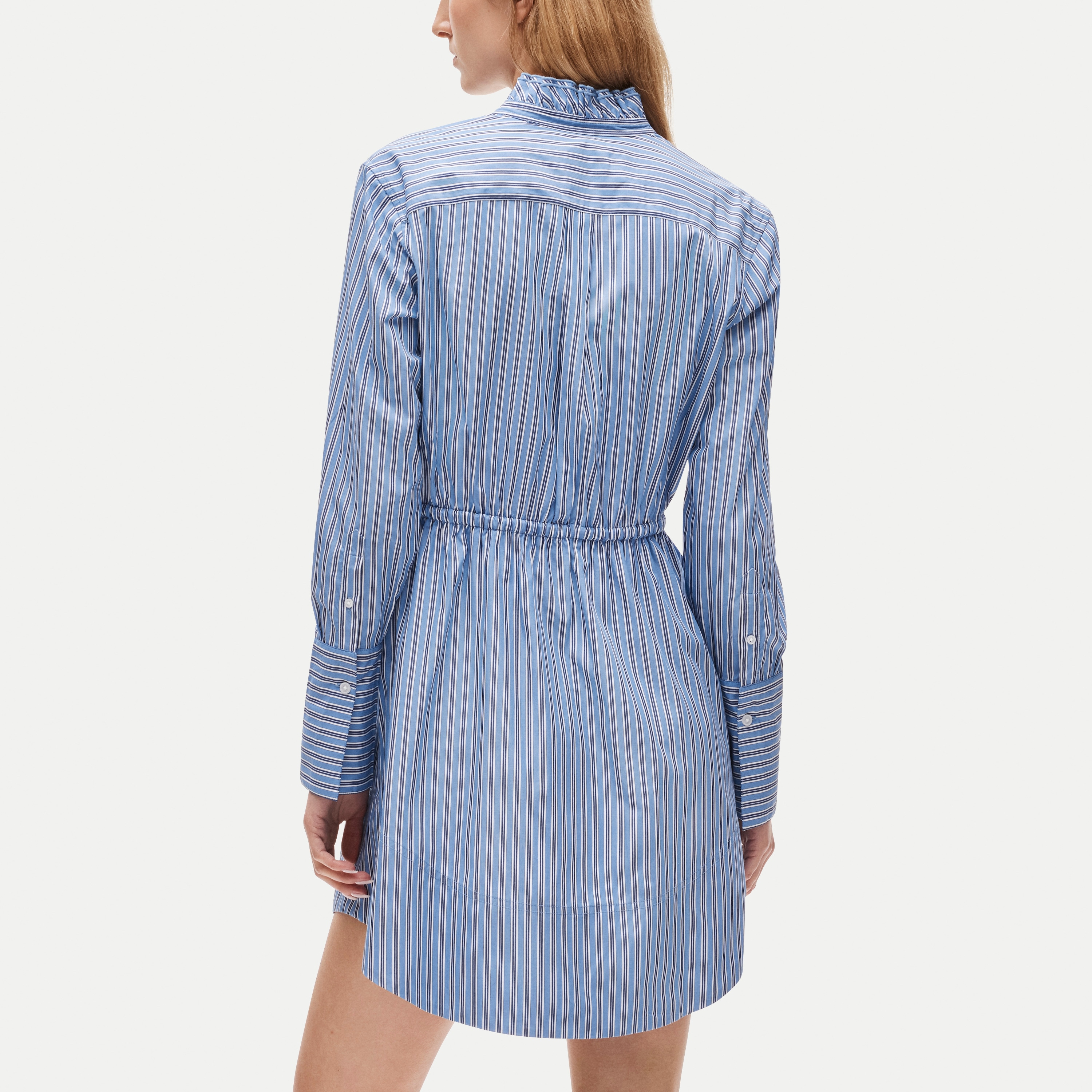 Ruffle-collar mini shirt-dress in striped Greenwich poplin