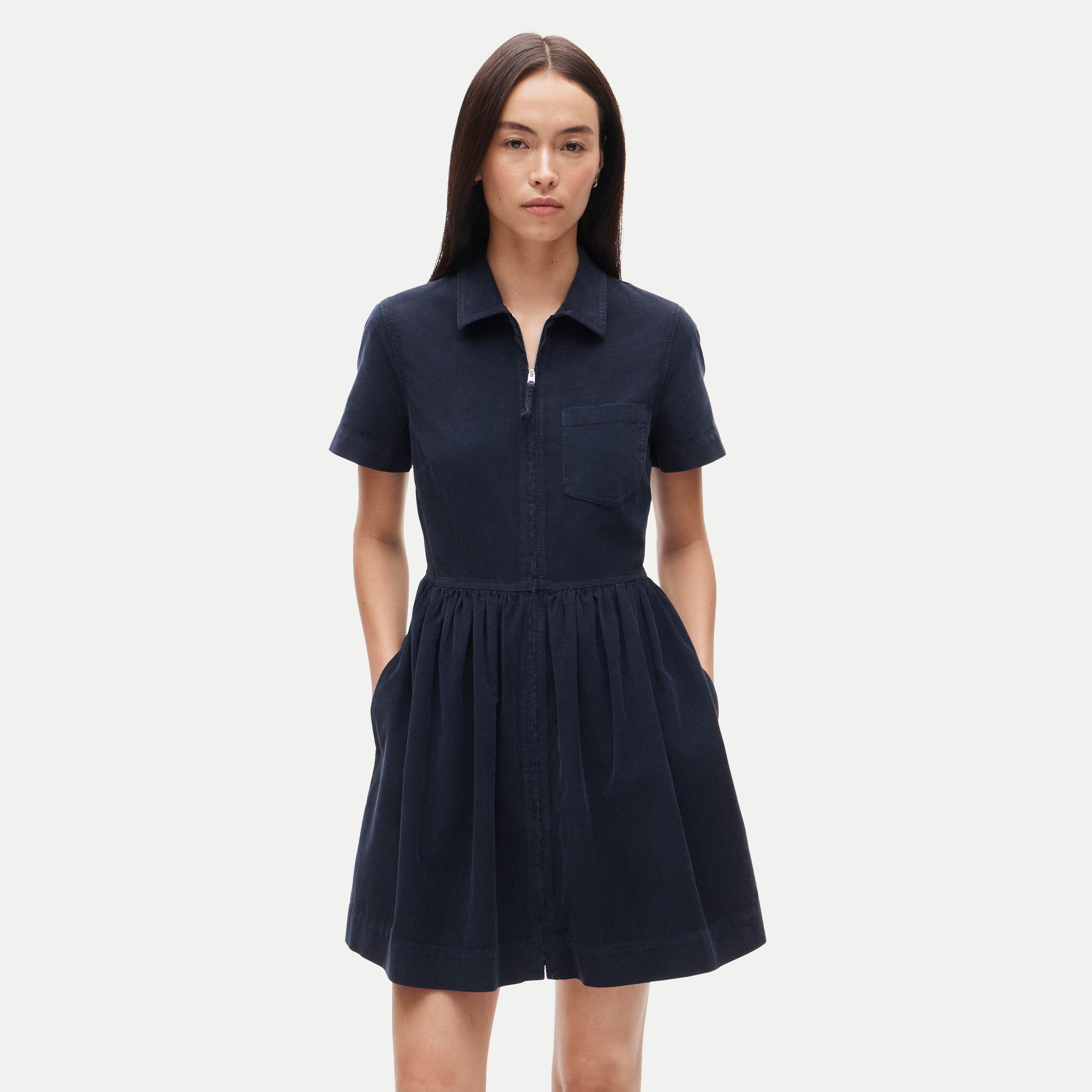 Mini zip-up shirt-dress in lightweight corduroy