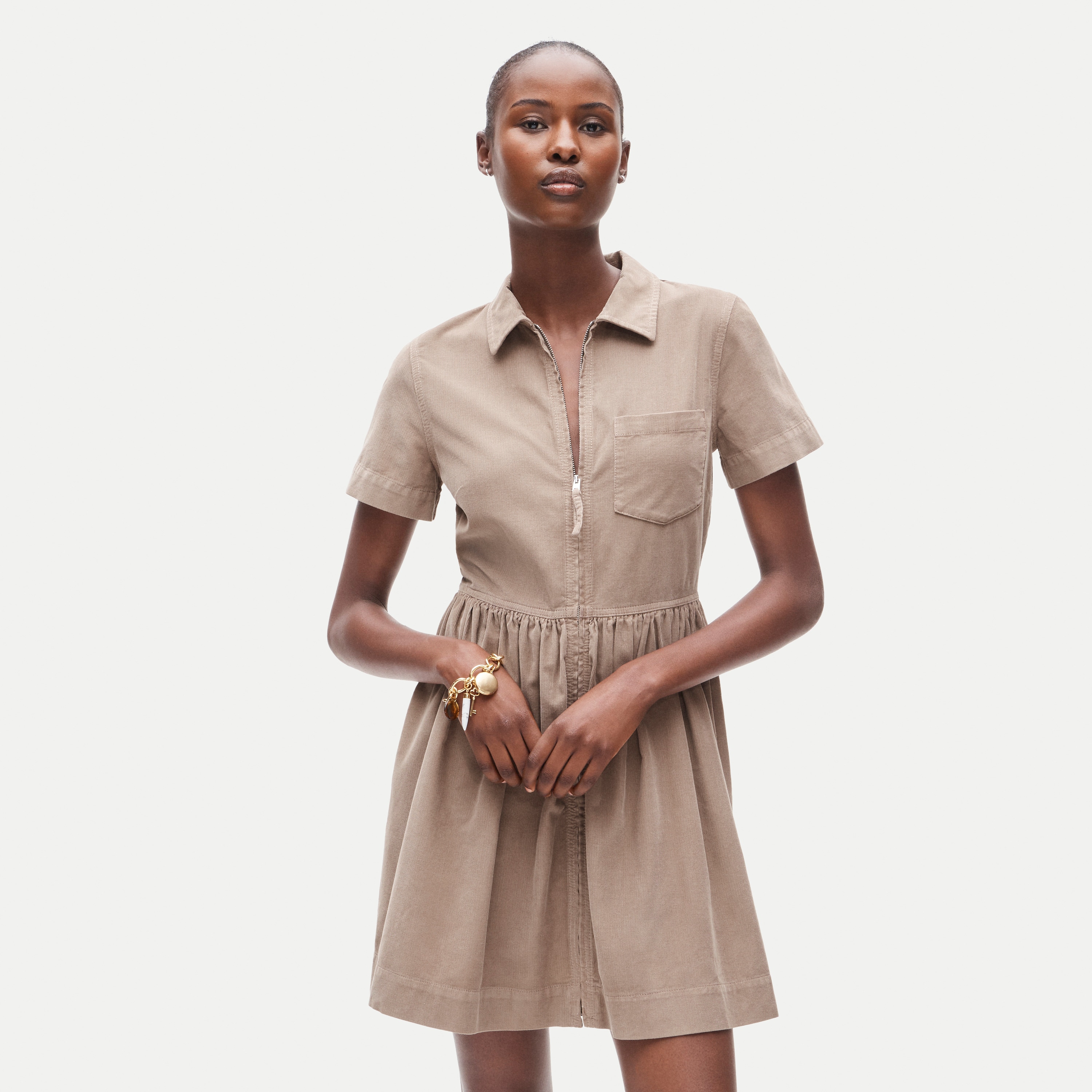 Mini zip-up shirt-dress in lightweight corduroy