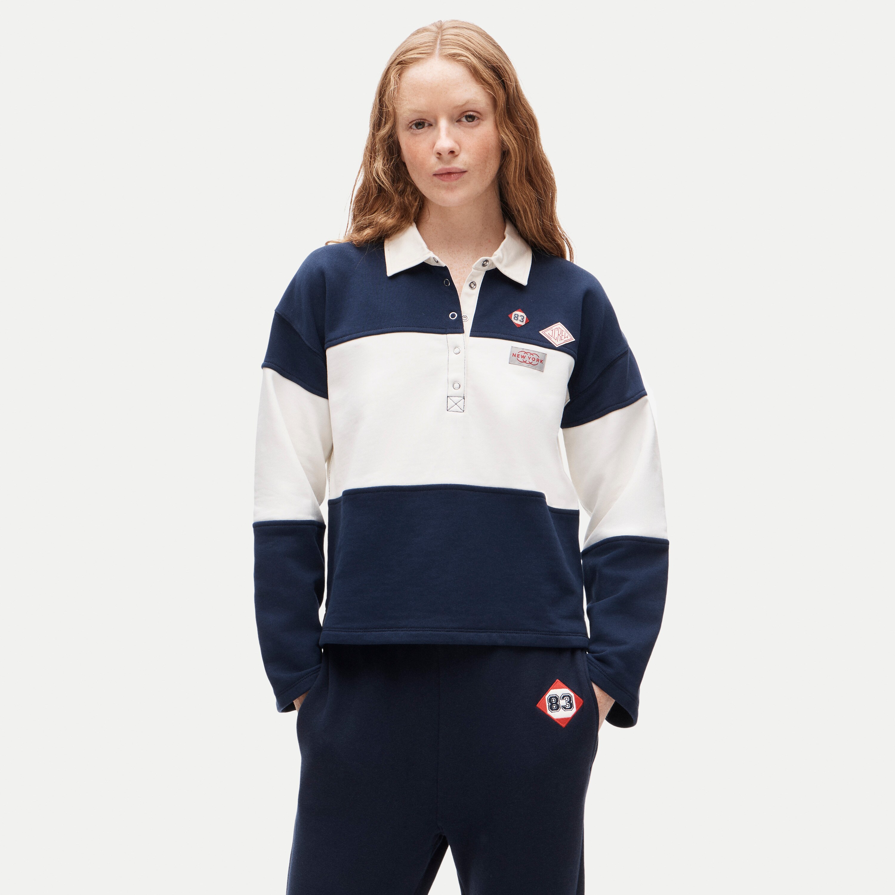 Vintage fleece rugby sweatshirt with novelty patches