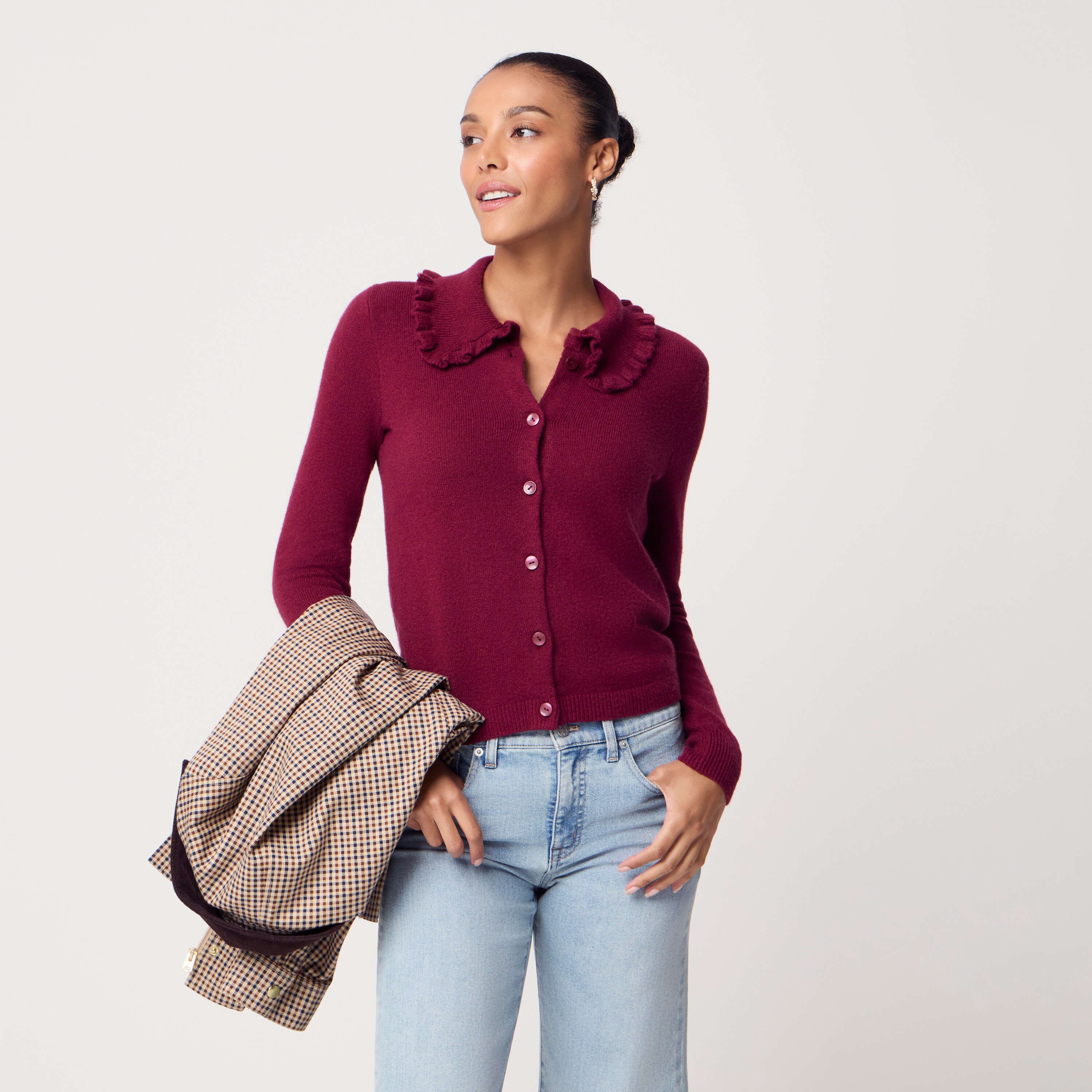 Ruffle-collar cardigan sweater in cotton-soft blend
