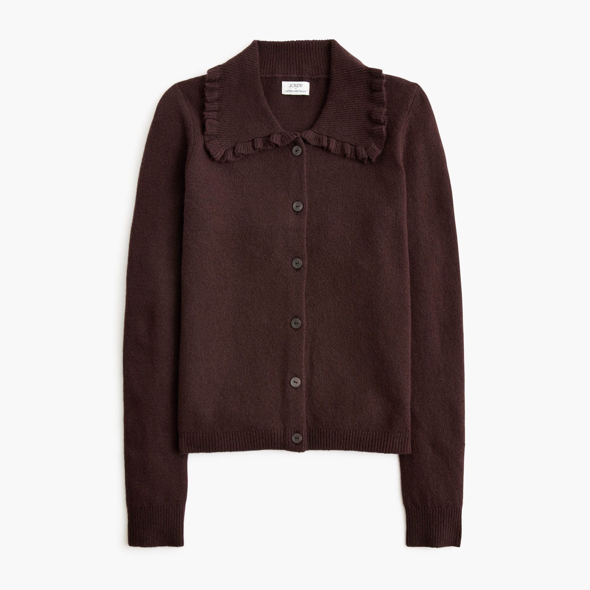 Ruffle-collar cardigan sweater in cotton-soft blend