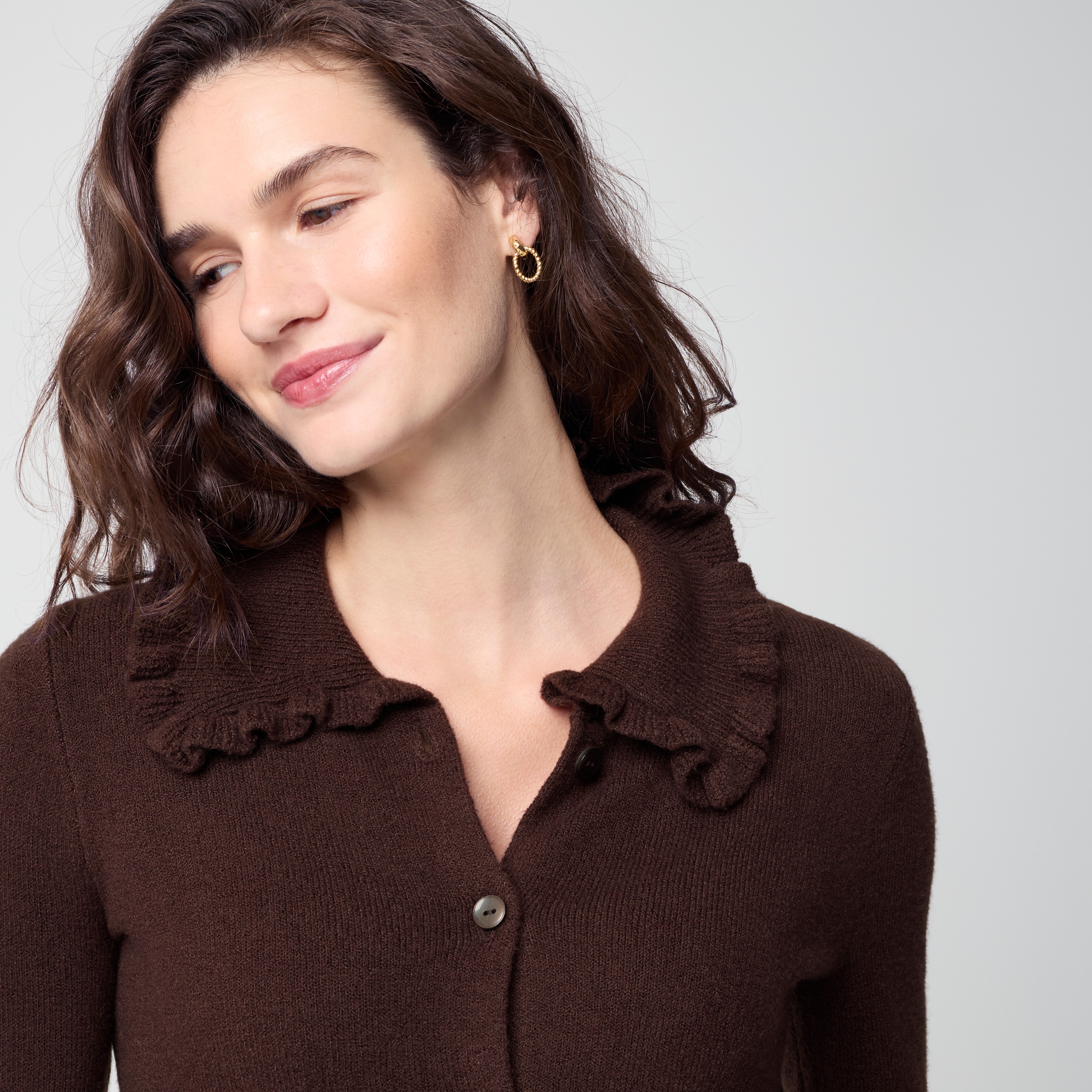 Ruffle-collar cardigan sweater in cotton-soft blend