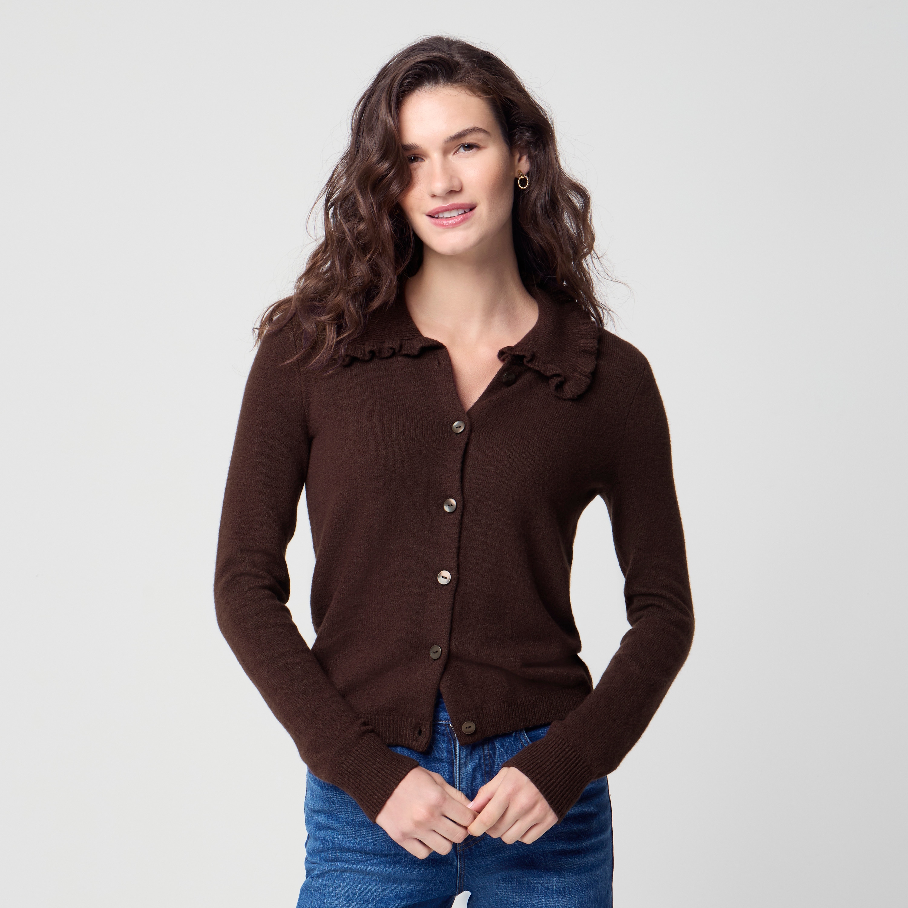 Ruffle-collar cardigan sweater in cotton-soft blend
