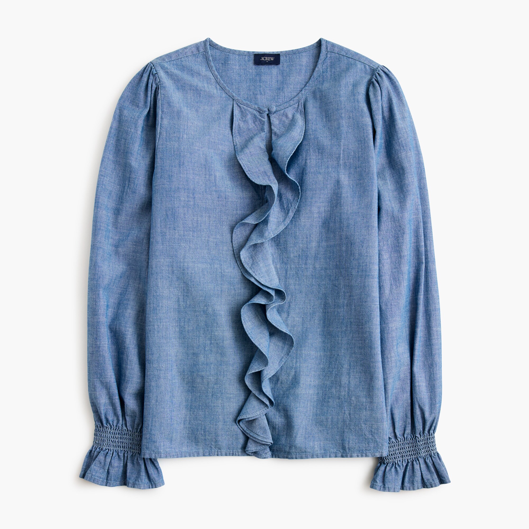 Chambray ruffle-front top