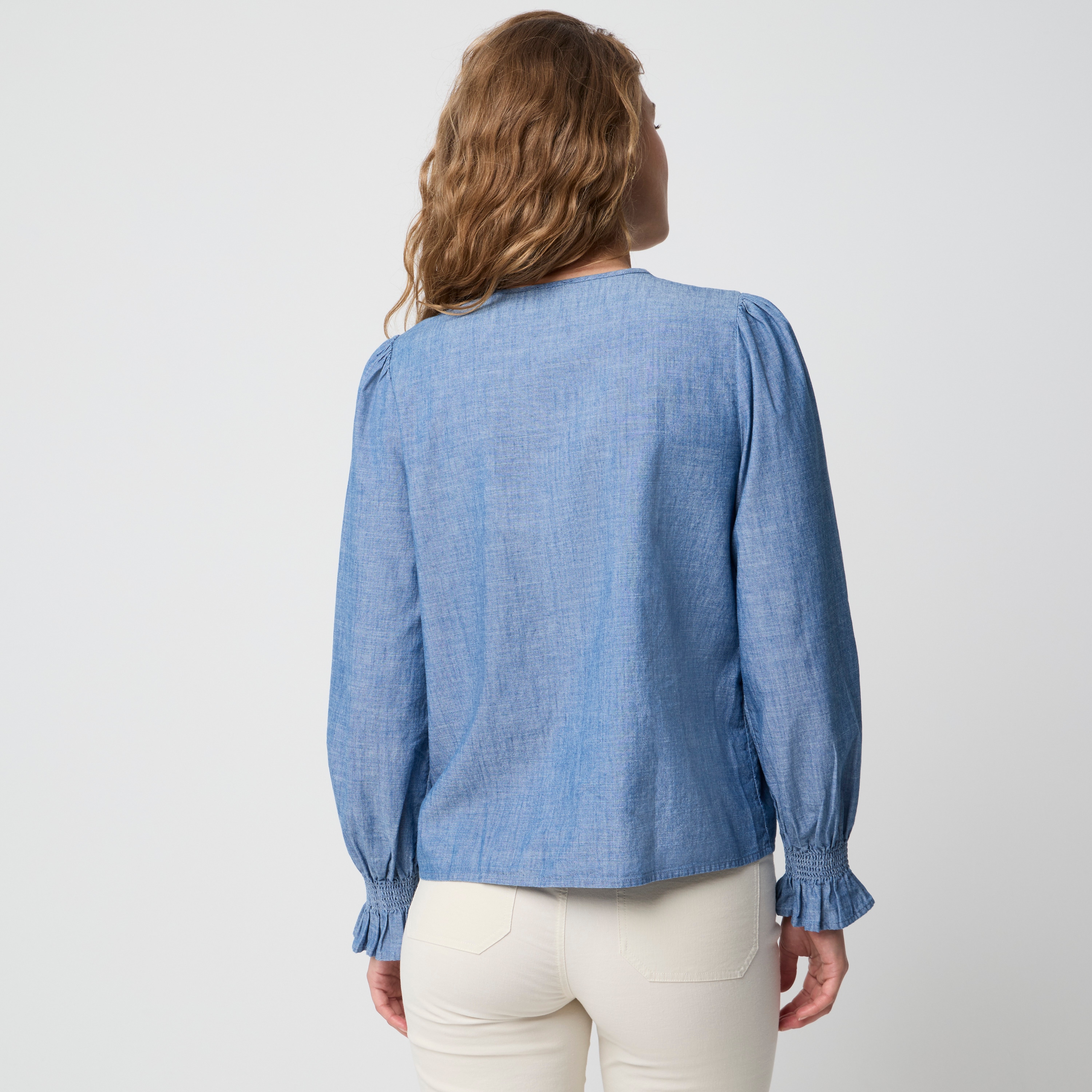 Chambray ruffle-front top
