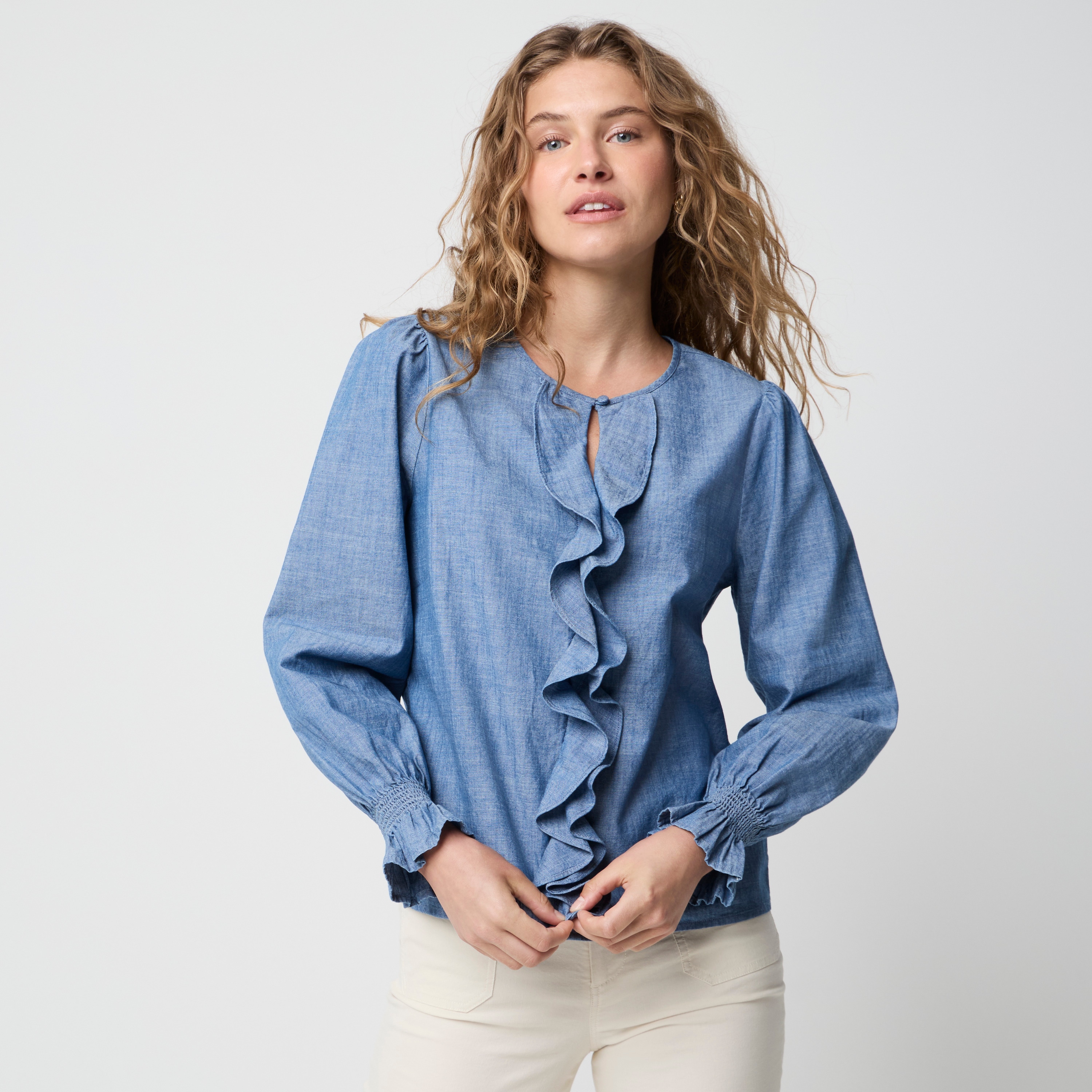Chambray ruffle-front top