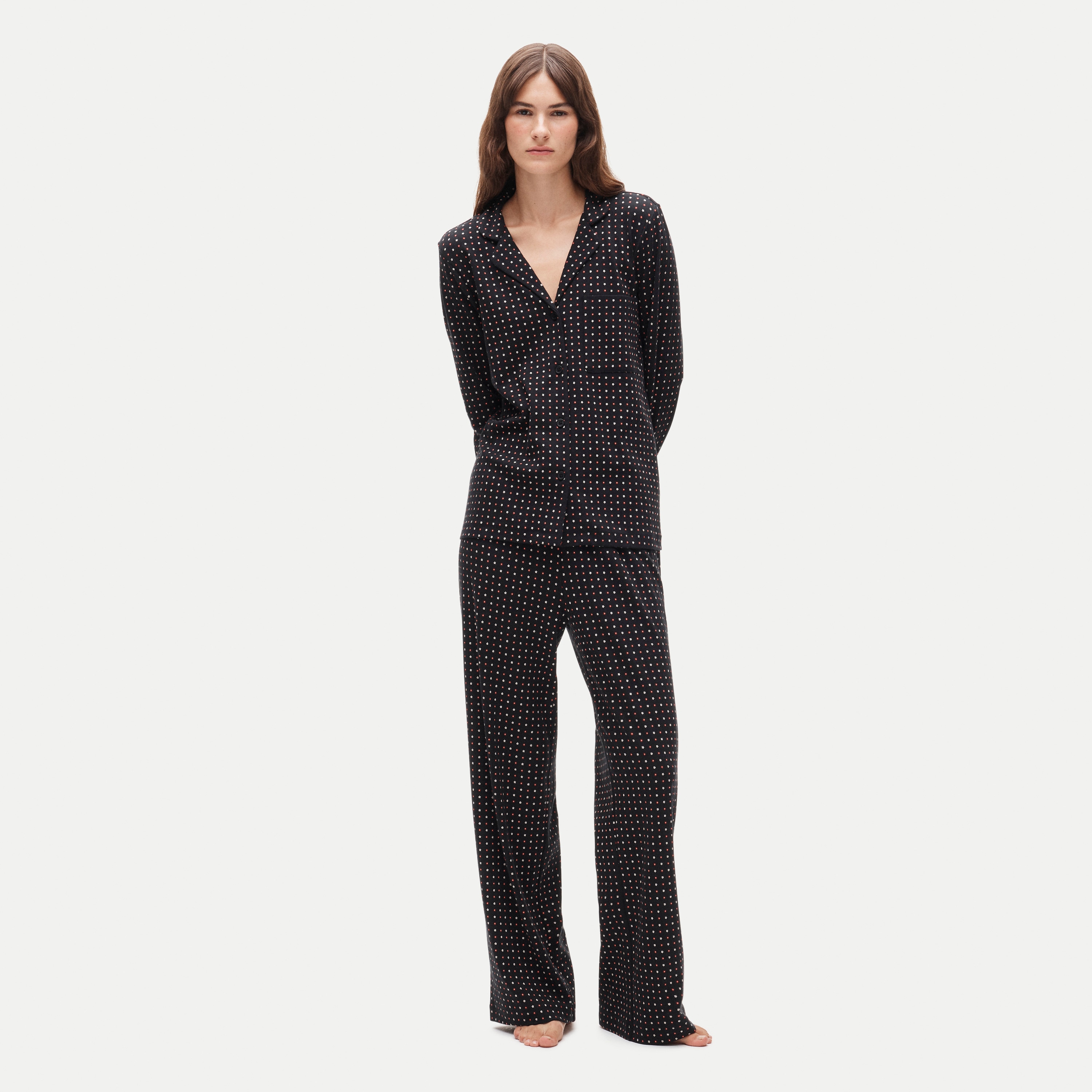 Dreamy rib long-sleeve pajama pant set in daisy print