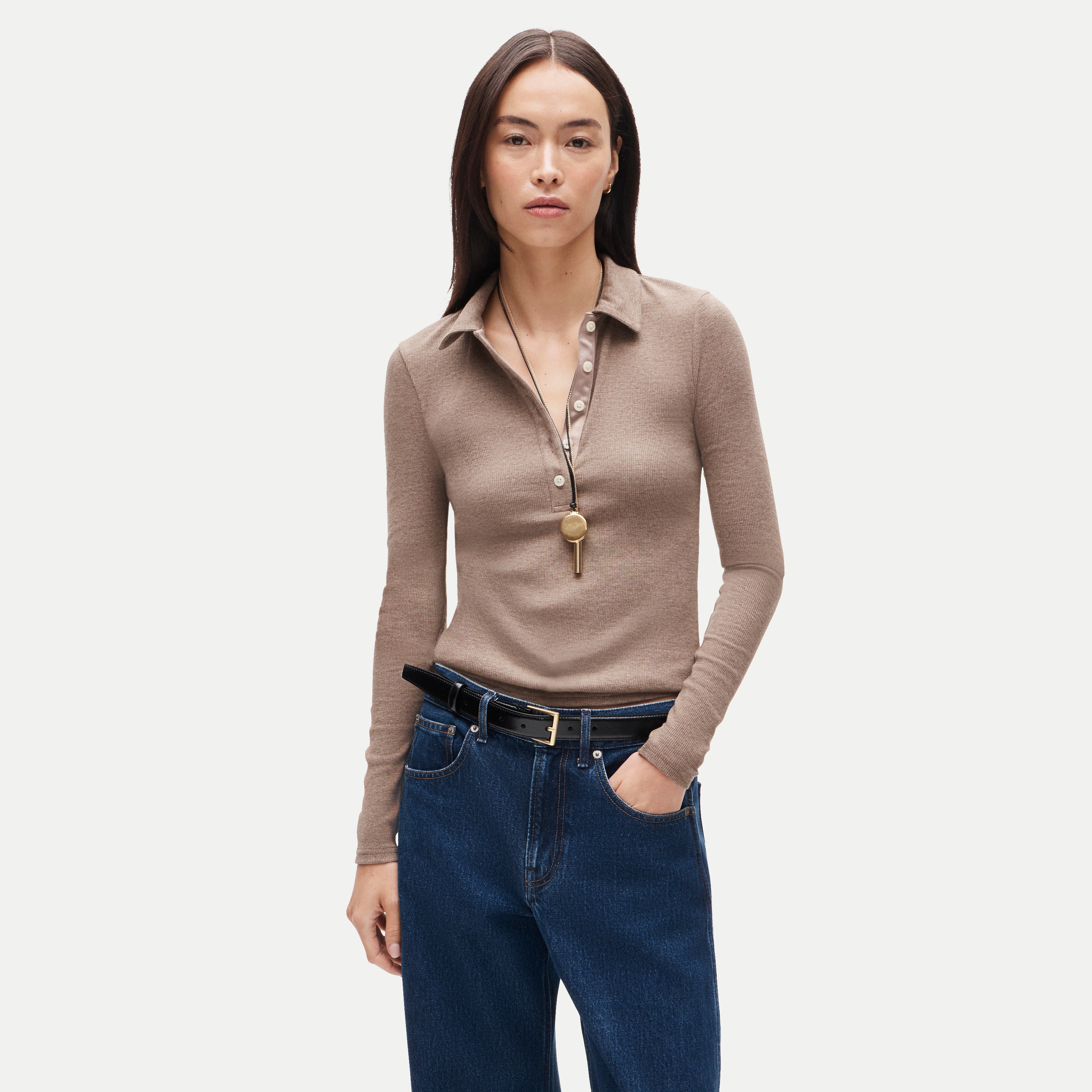 Perfect rib long-sleeve polo shirt with satin trim