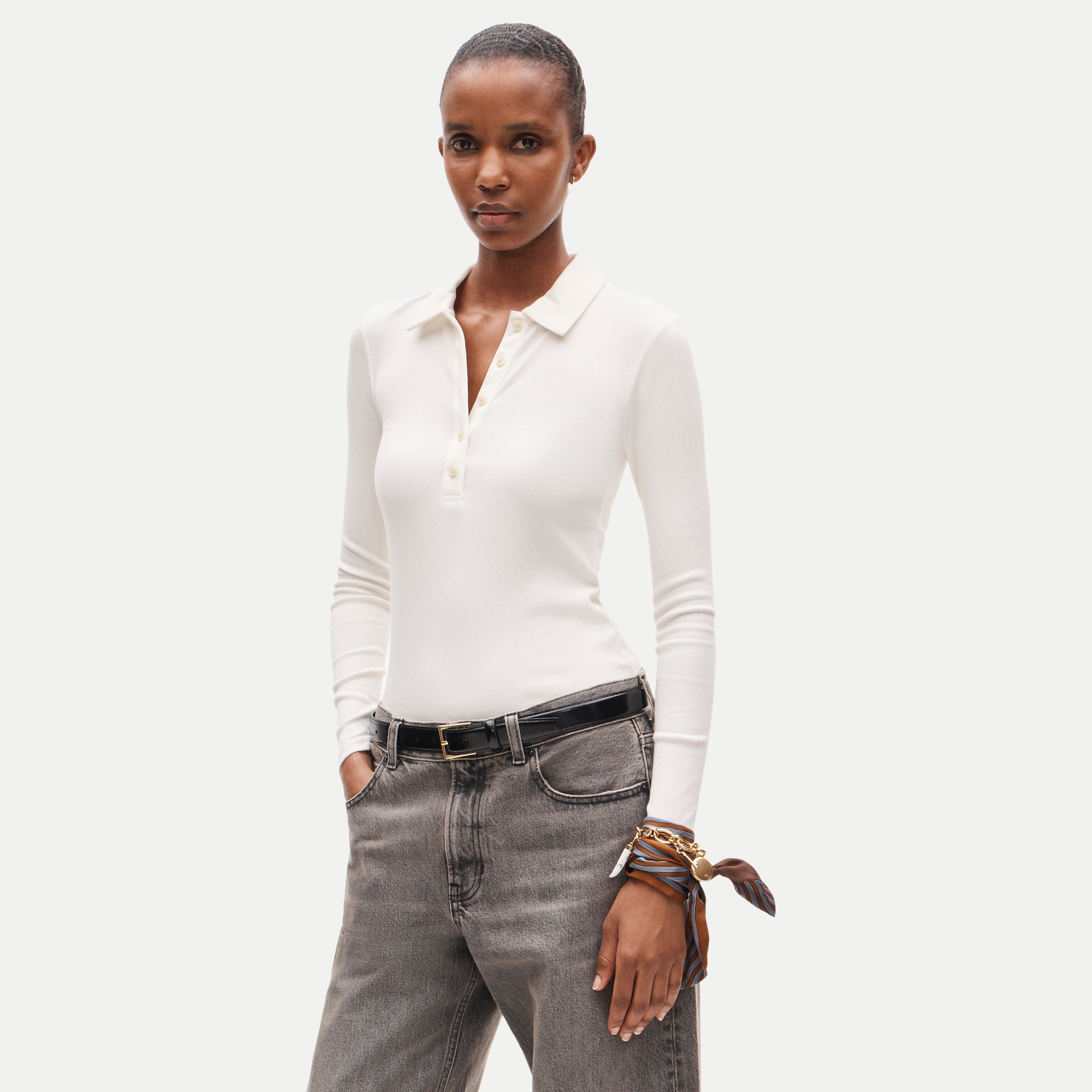 Perfect rib long-sleeve polo shirt with satin trim