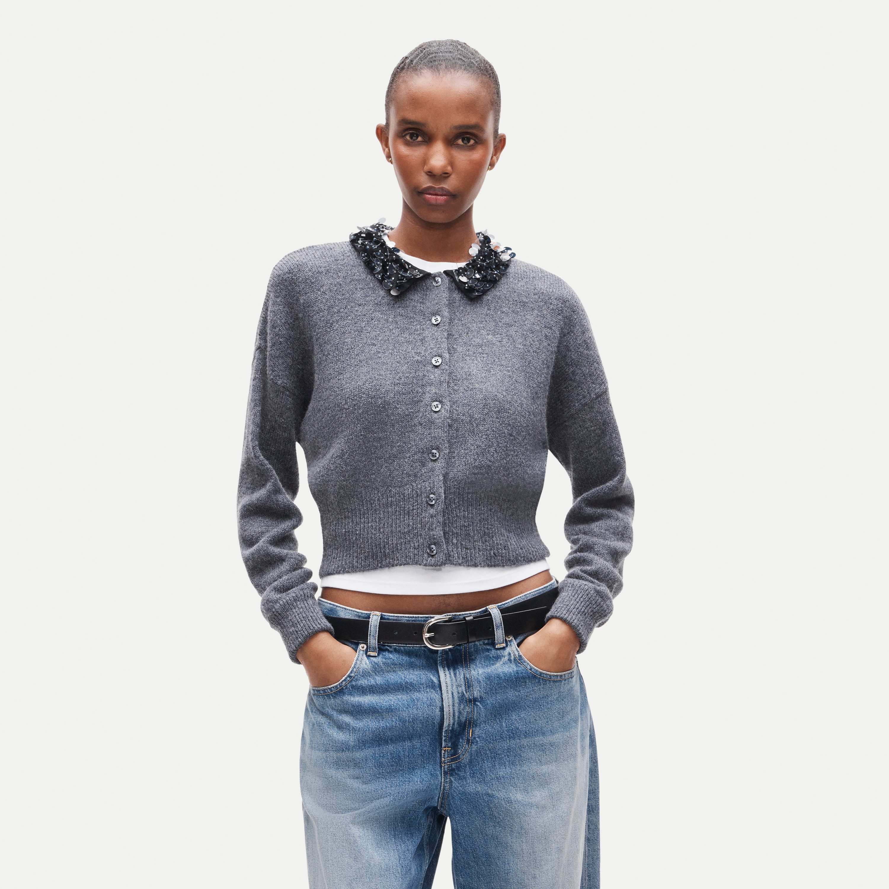 Alpaca-blend cardigan with paillette collar