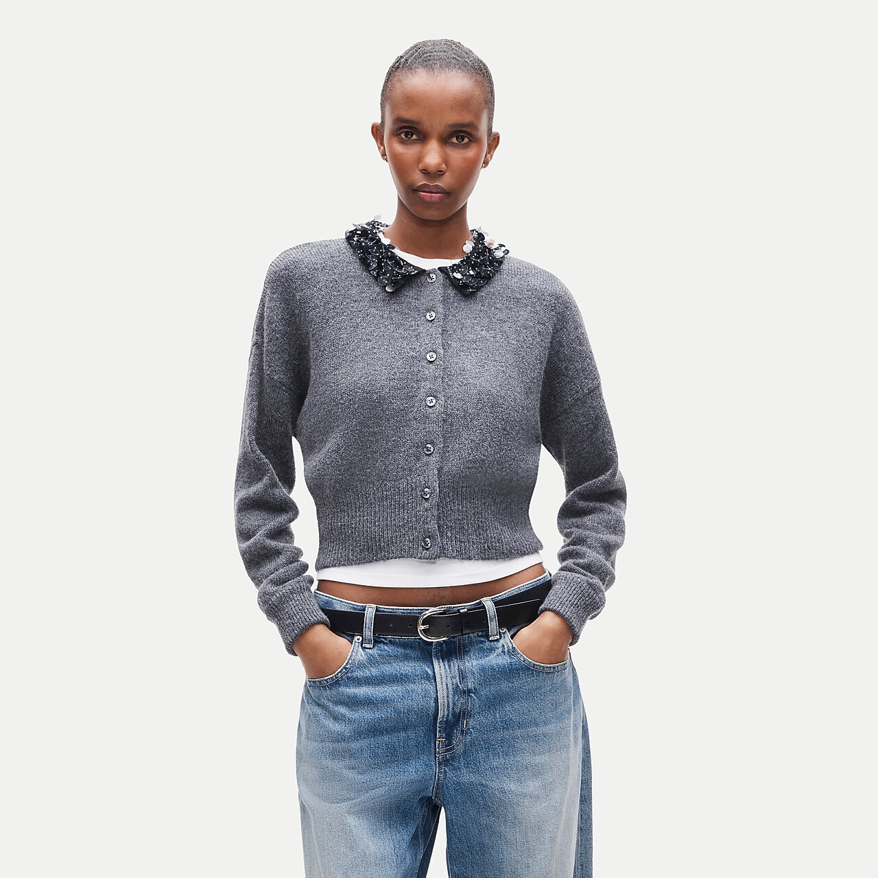 Alpaca-blend cardigan with paillette collar by J.Crew