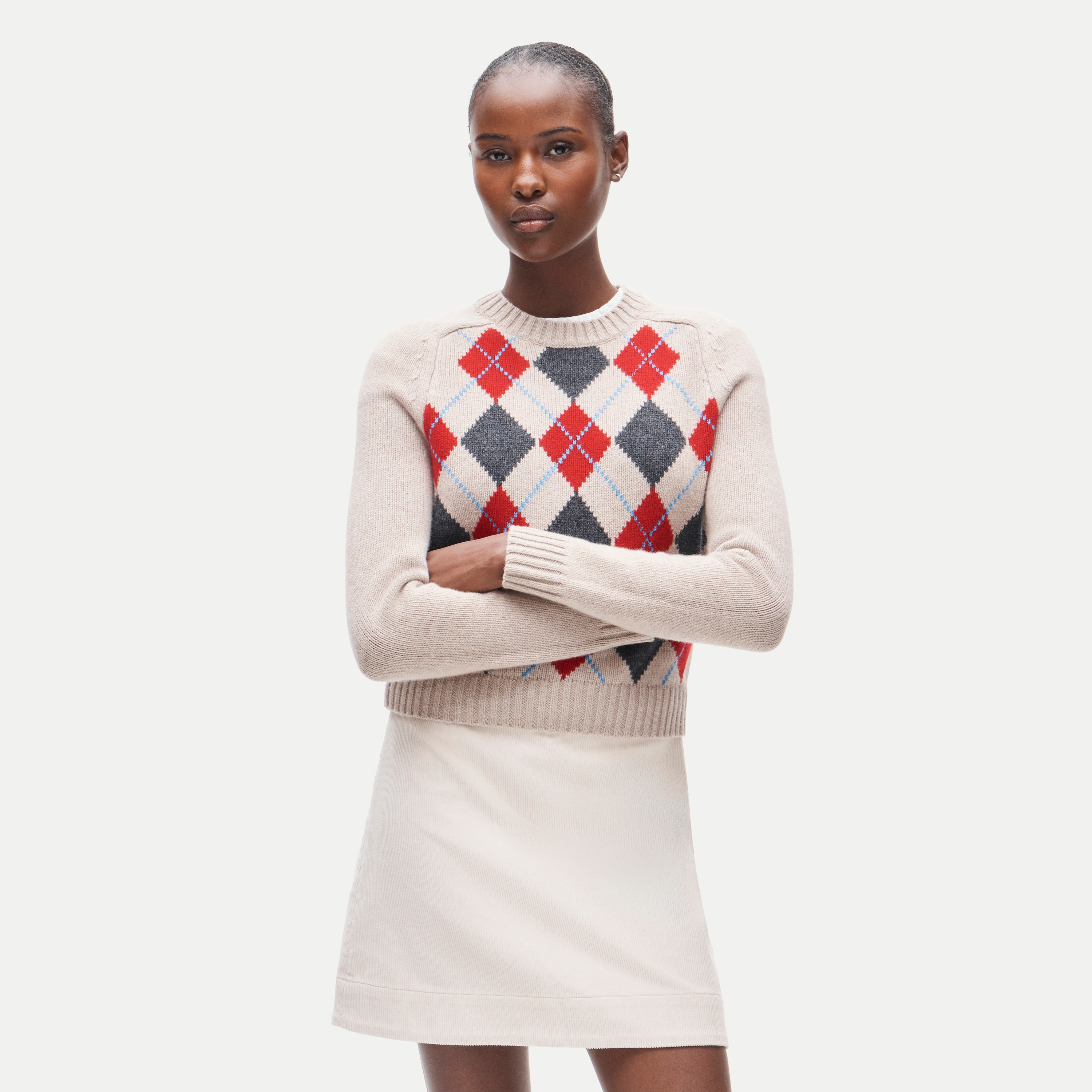 Shrunken crewneck sweater in argyle vintage wool
