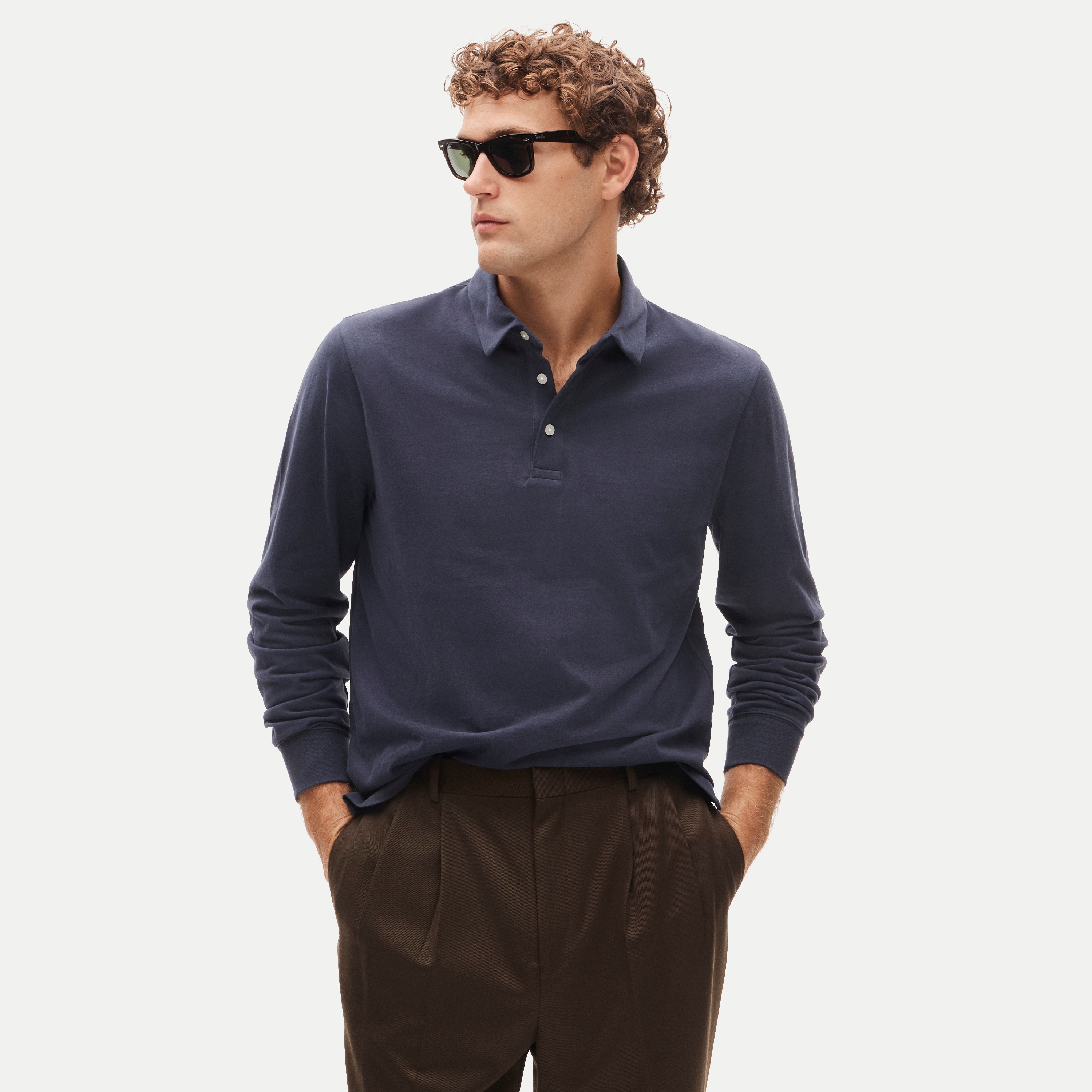 Long-sleeve sueded cotton polo shirt