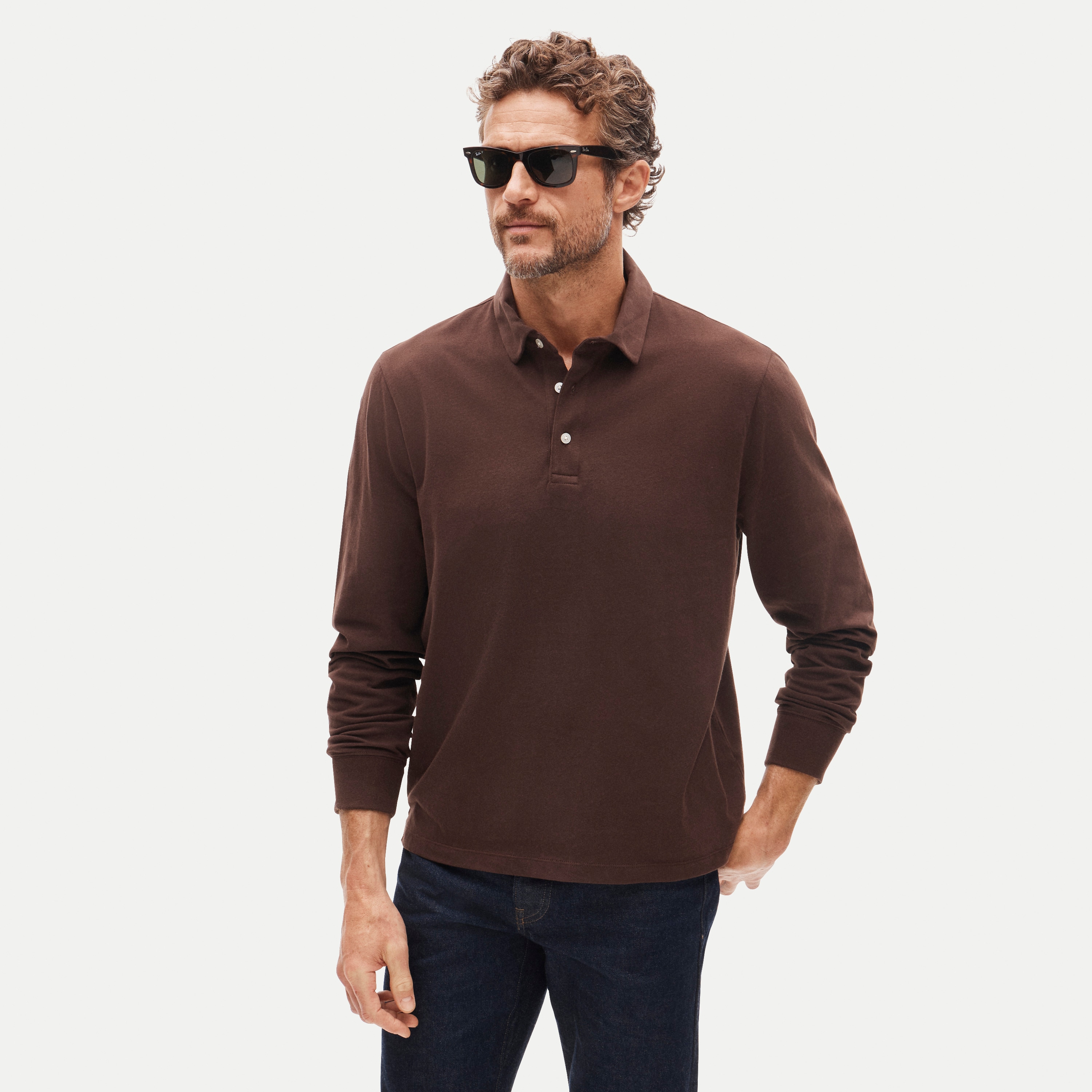 Long-sleeve sueded cotton polo shirt