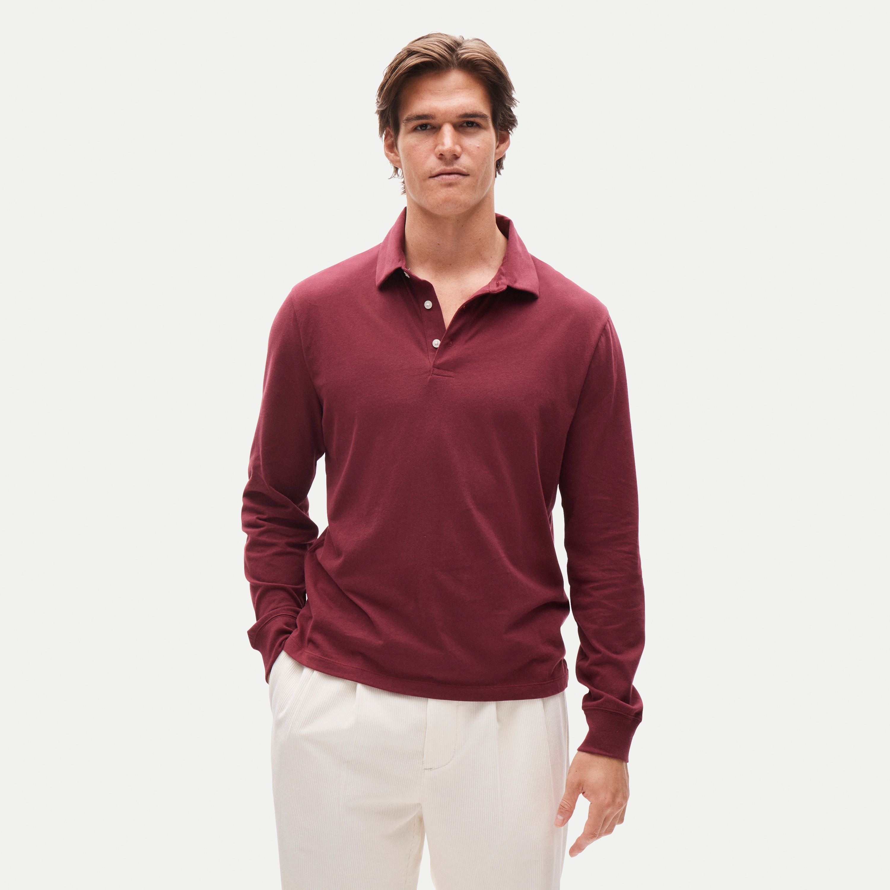 Long-sleeve sueded cotton polo shirt