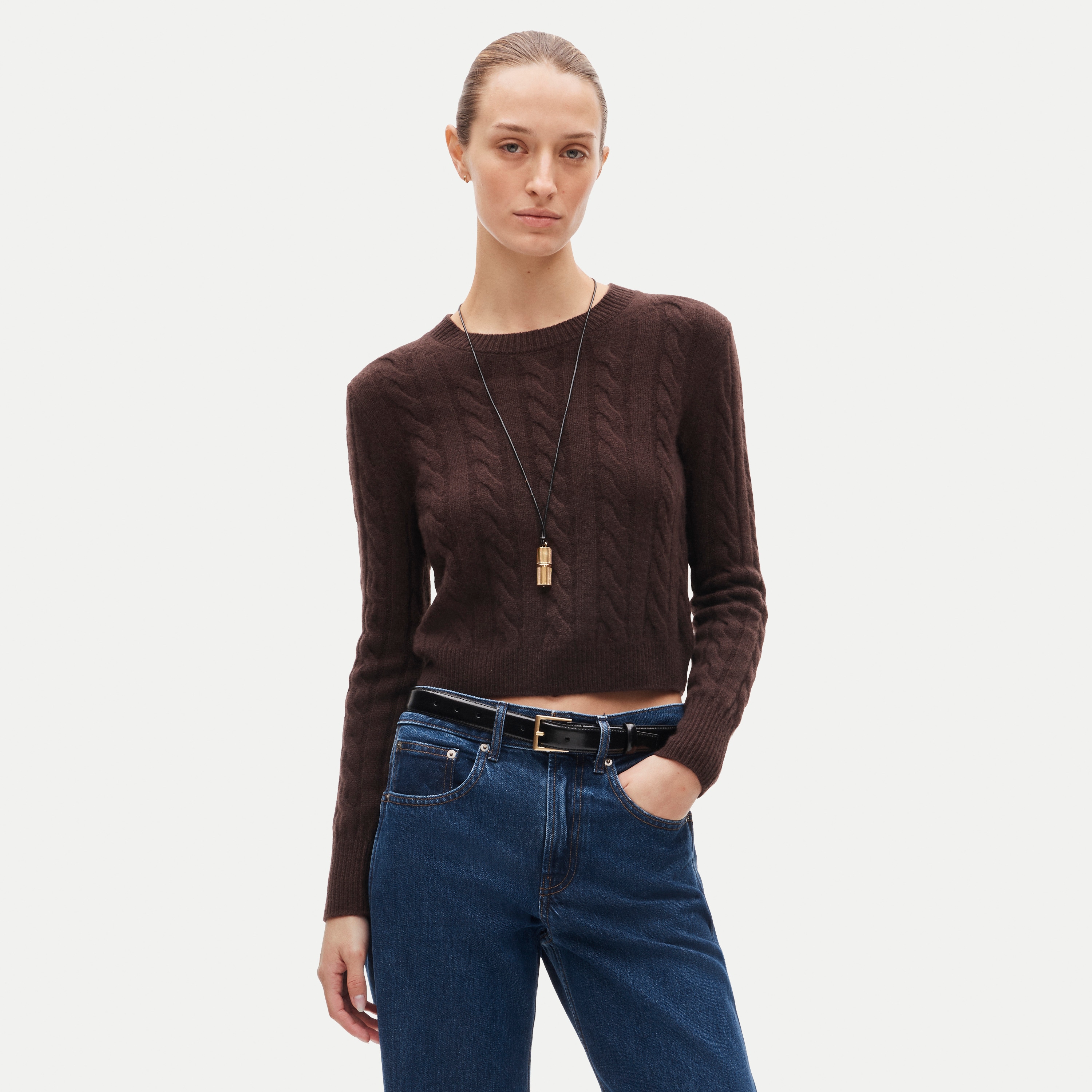 Cashmere shrunken crewneck in cable knit