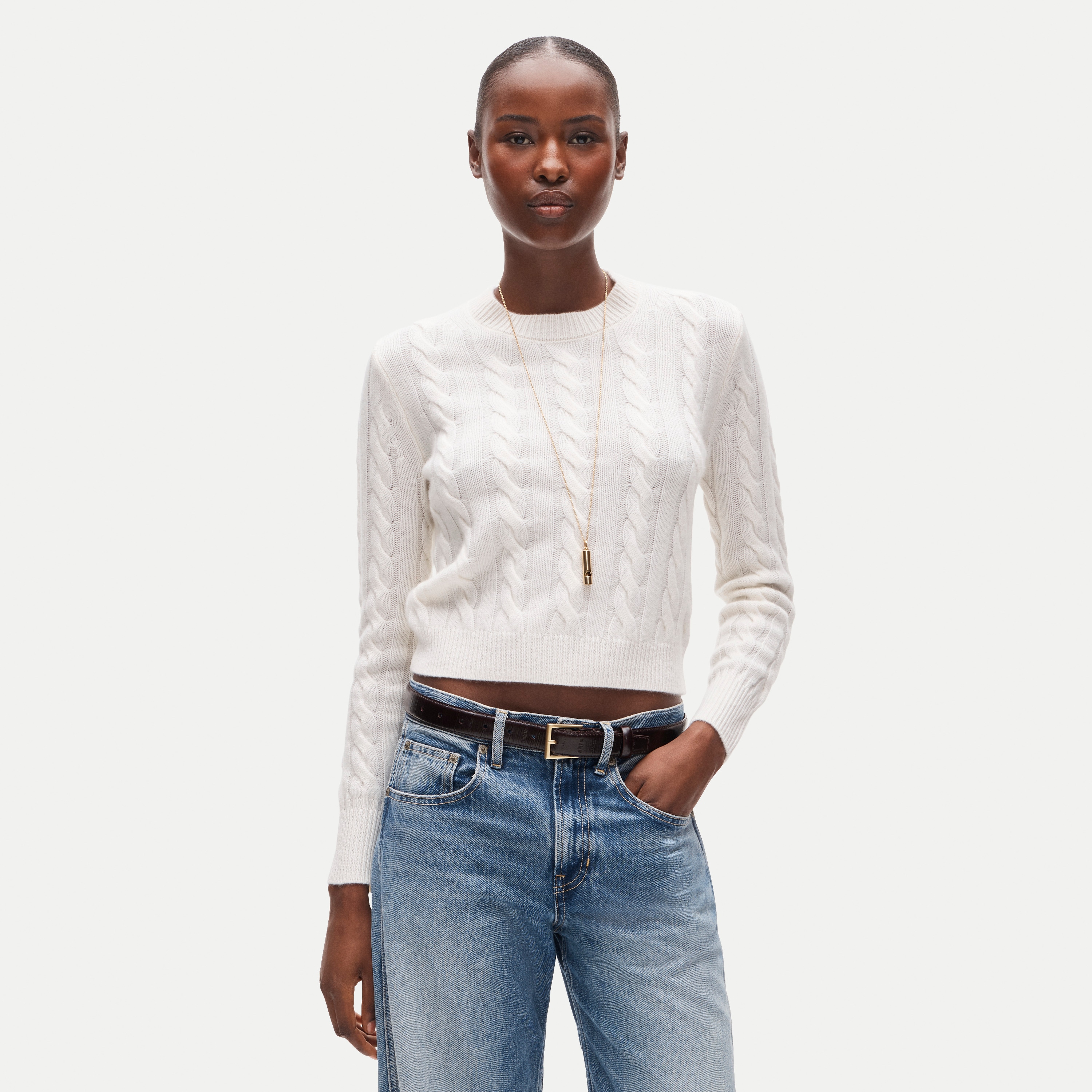 Cashmere Shrunken Crewneck In Cable Knit For Women | J.Crew