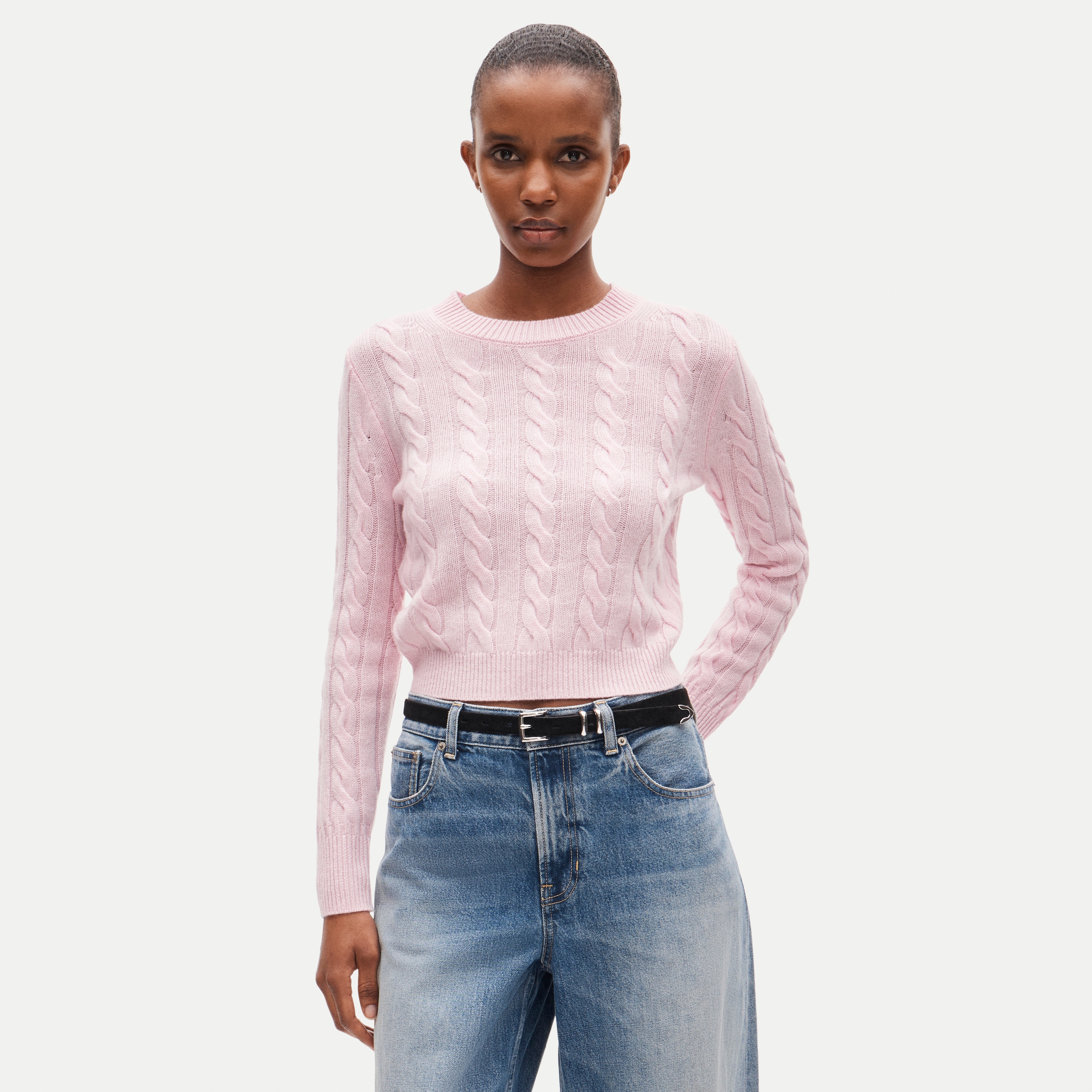 Cashmere shrunken crewneck in cable knit