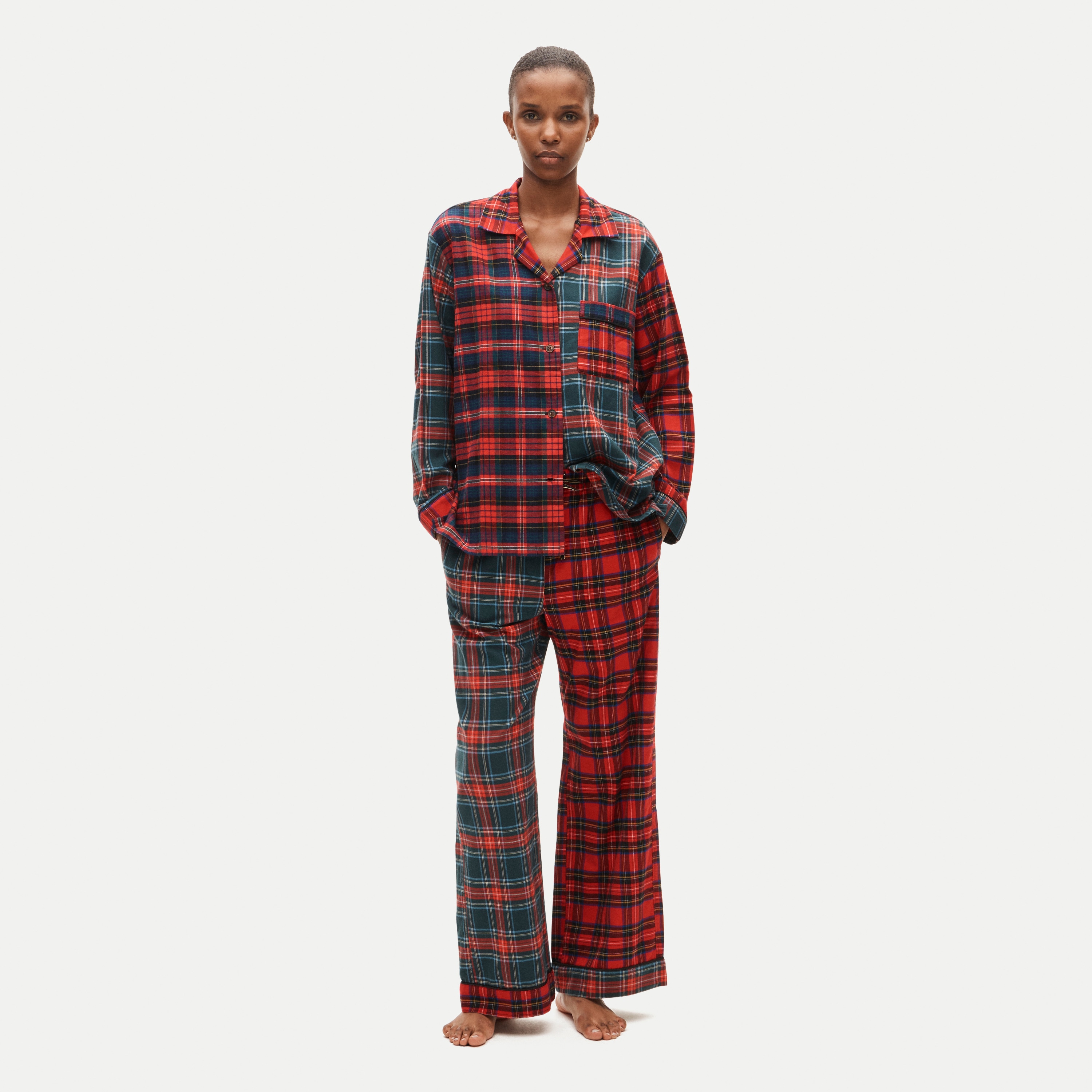 Long-sleeve flannel pajama pant set in mixed tartan
