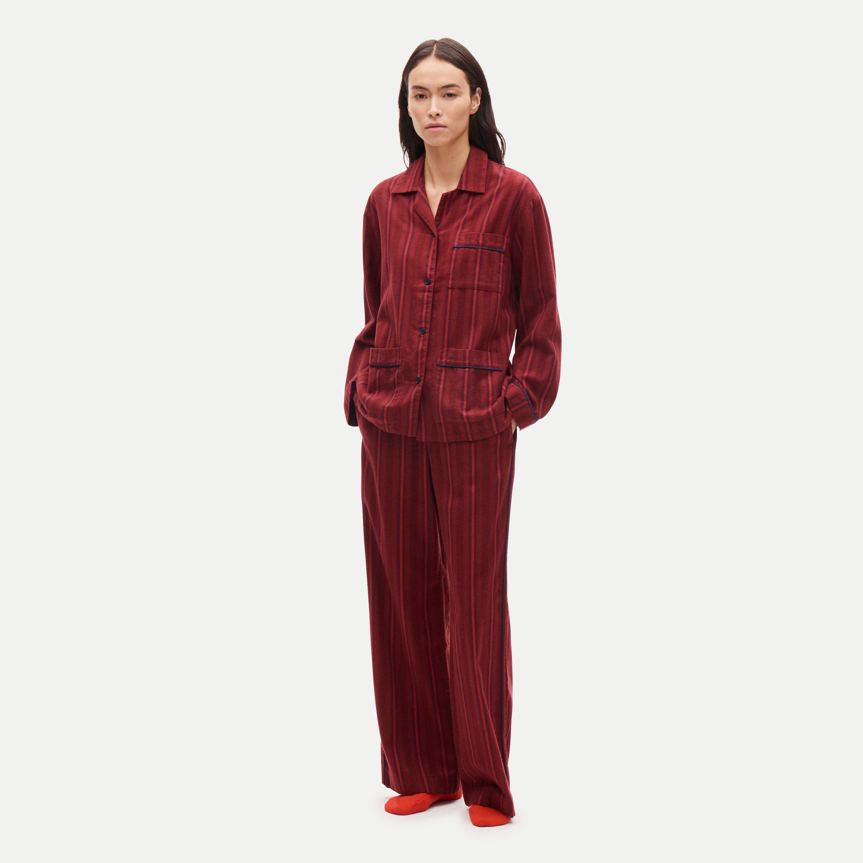 Long-sleeve pajama pant set in striped flannel