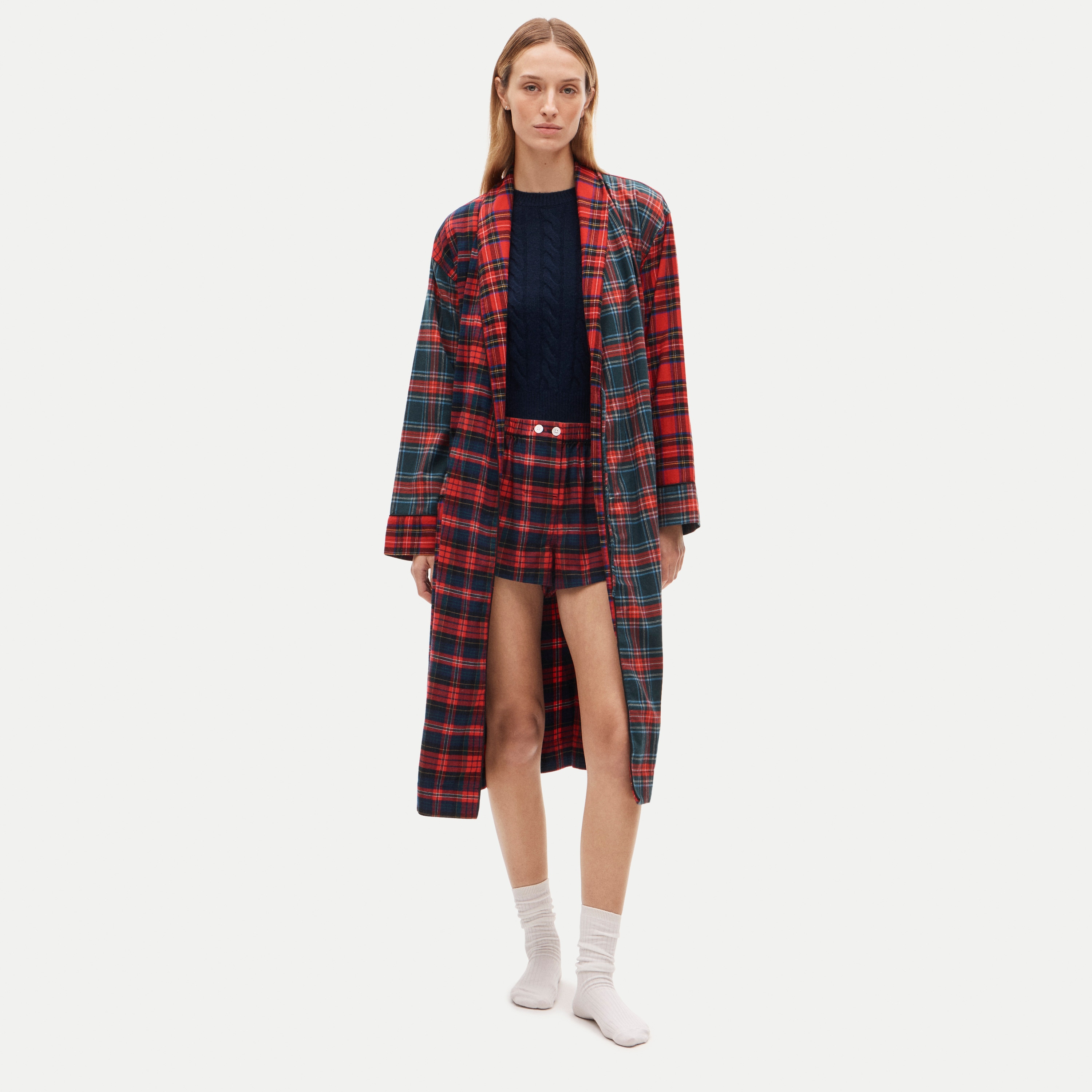 Flannel robe in mixed tartan