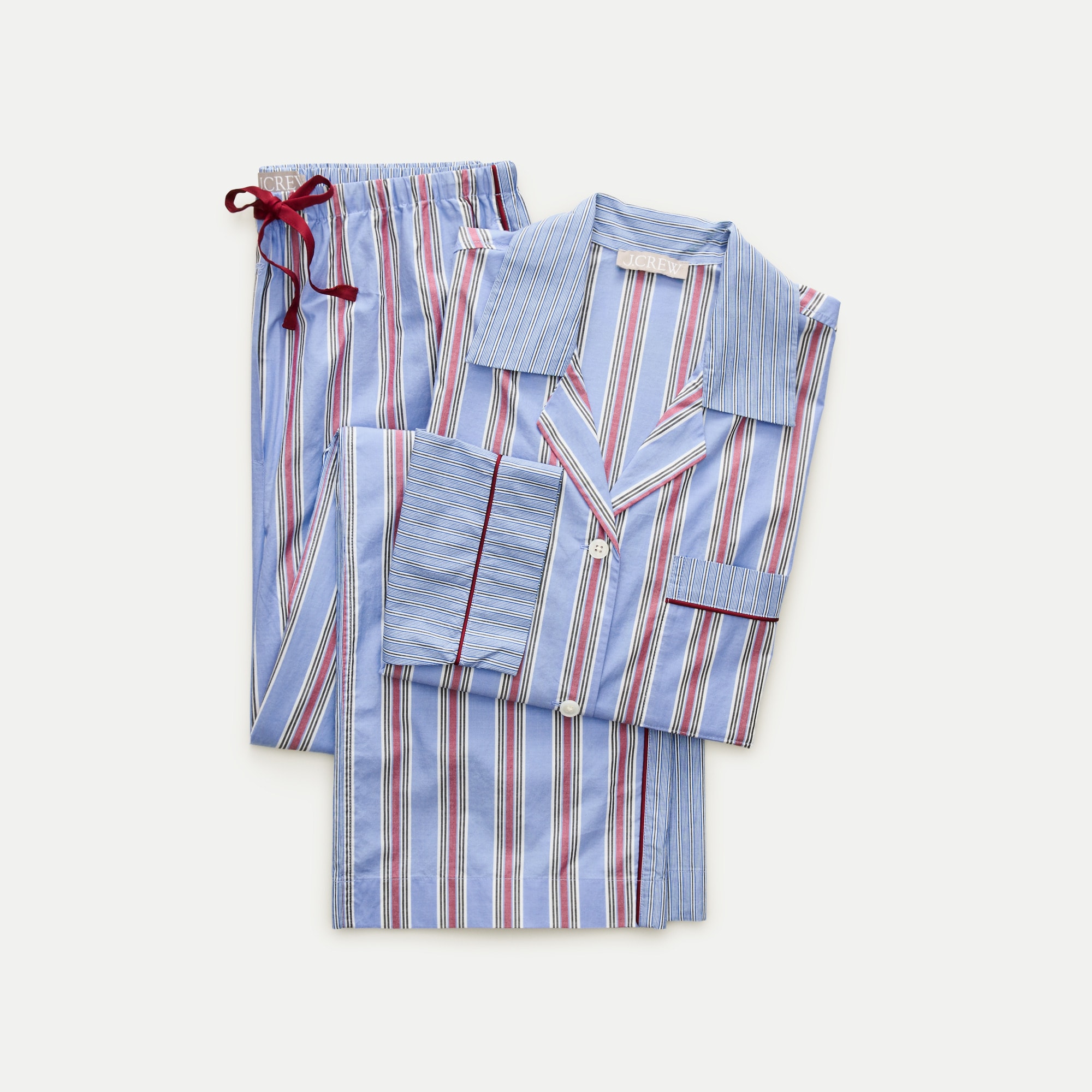 Long-sleeve pajama pant set in striped cotton poplin