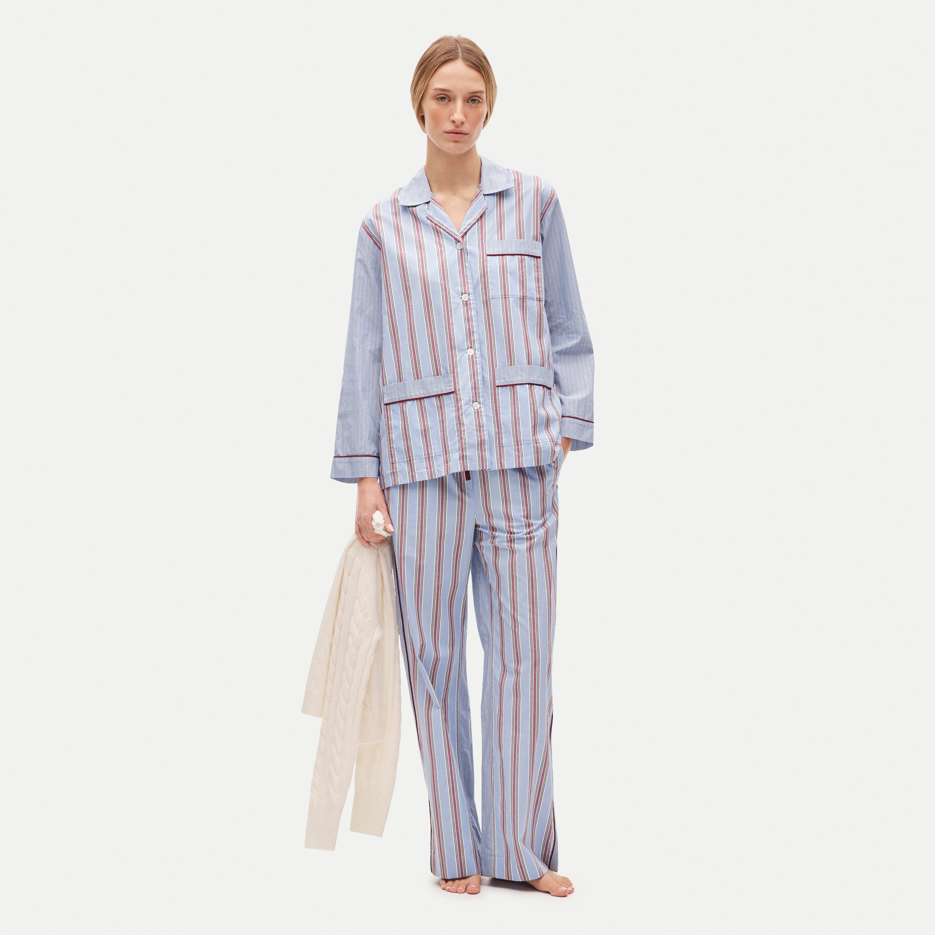 Long-sleeve pajama pant set in striped cotton poplin