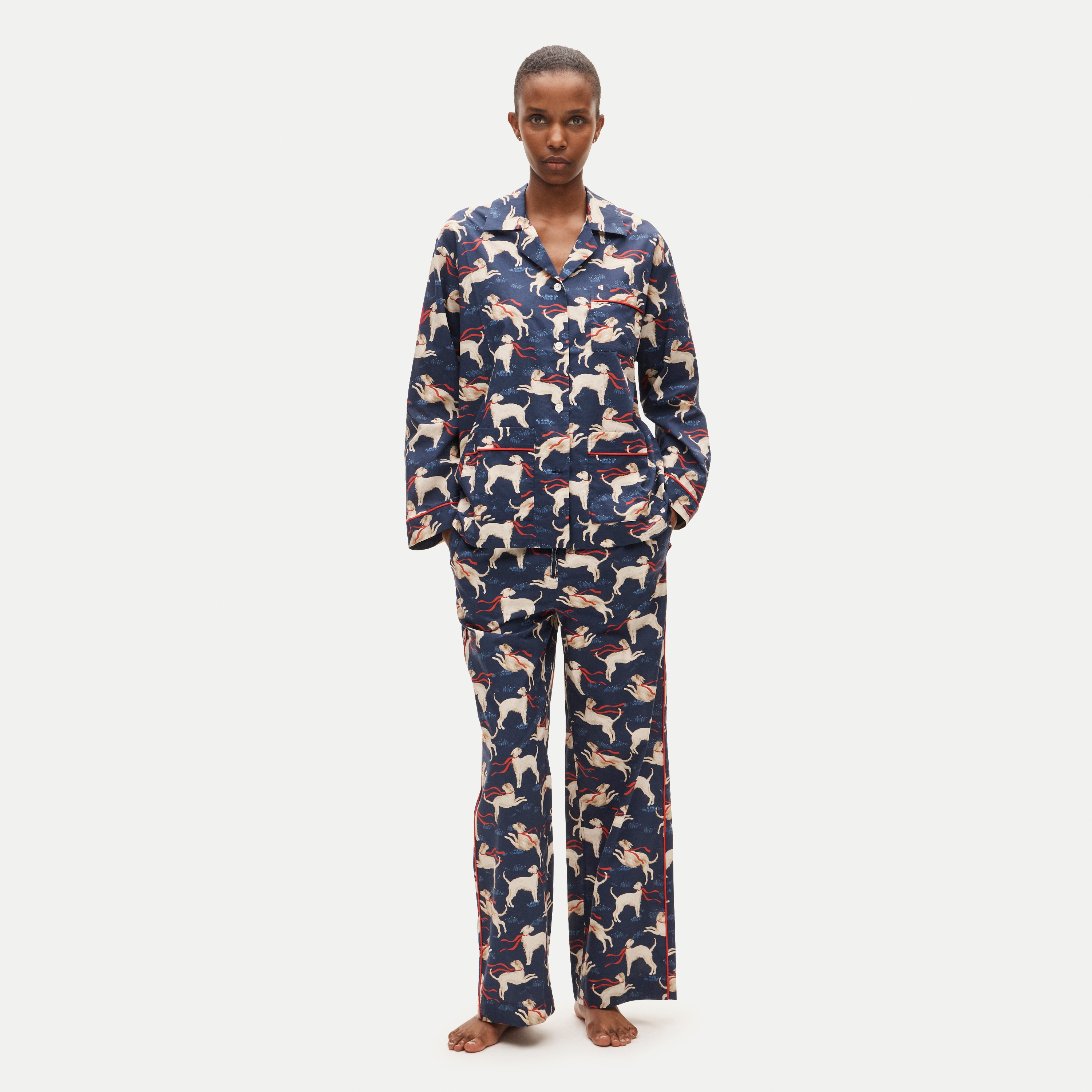 Long-sleeve pajama pant set in cotton poplin dog print