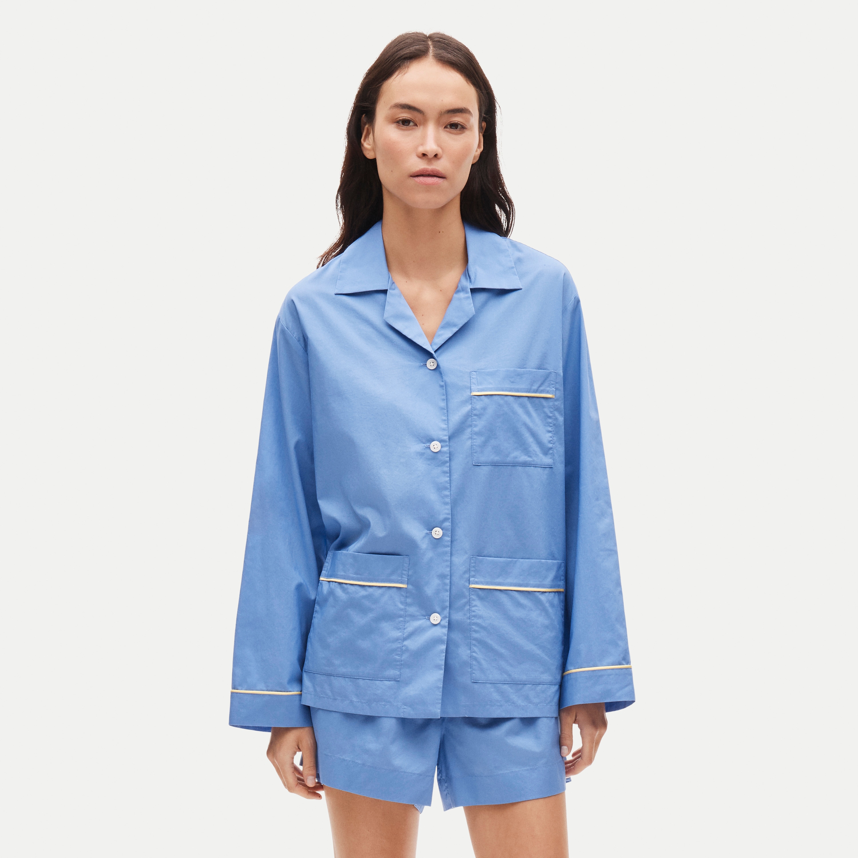 Long-sleeve pajama short set in cotton poplin
